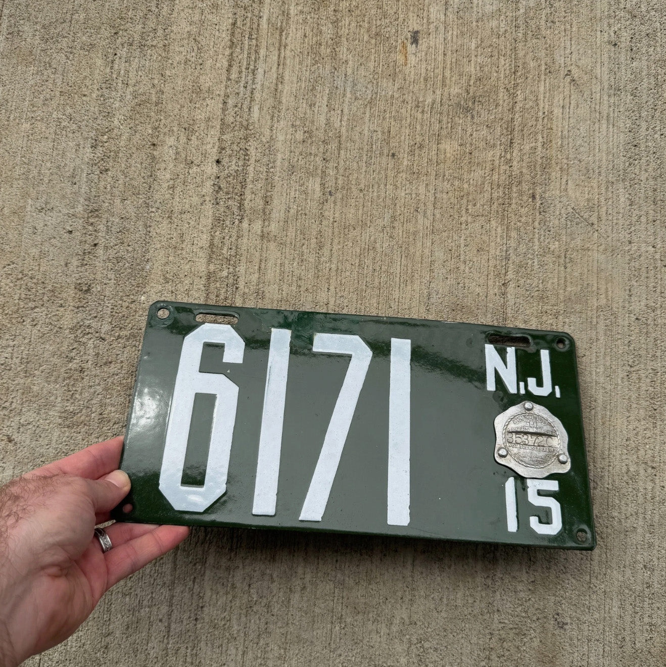 1915 New Jersey Porcelain License Plate Auto Tag Low Number Four Digit 6171