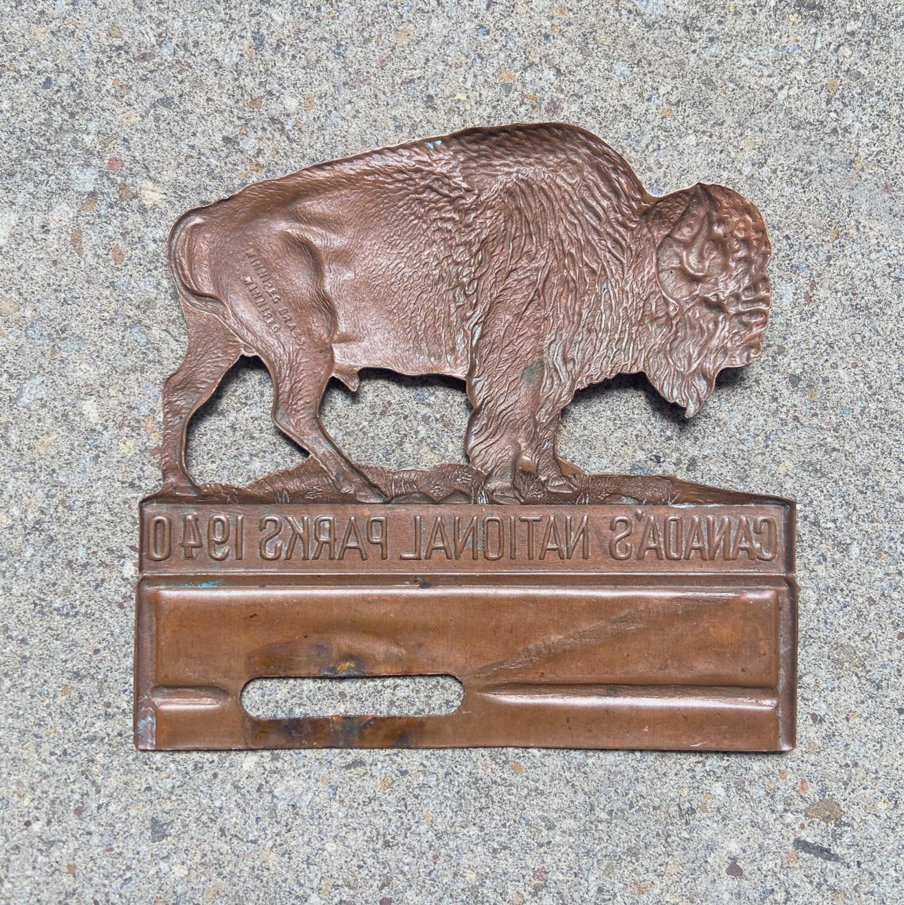 1940 Canada's National Parks Copper Buffalo Radiator Badge Canada License Plate Topper Auto Tag