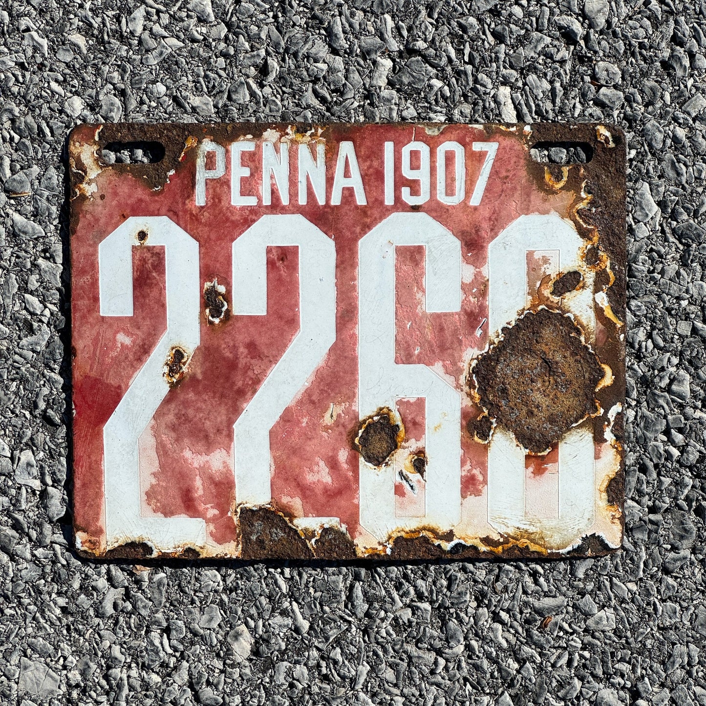 Photo of a 1907 Pennsylvania Porcelain License Plate Auto Tag Garage Decor Vintage Low Number Four Digit 2268