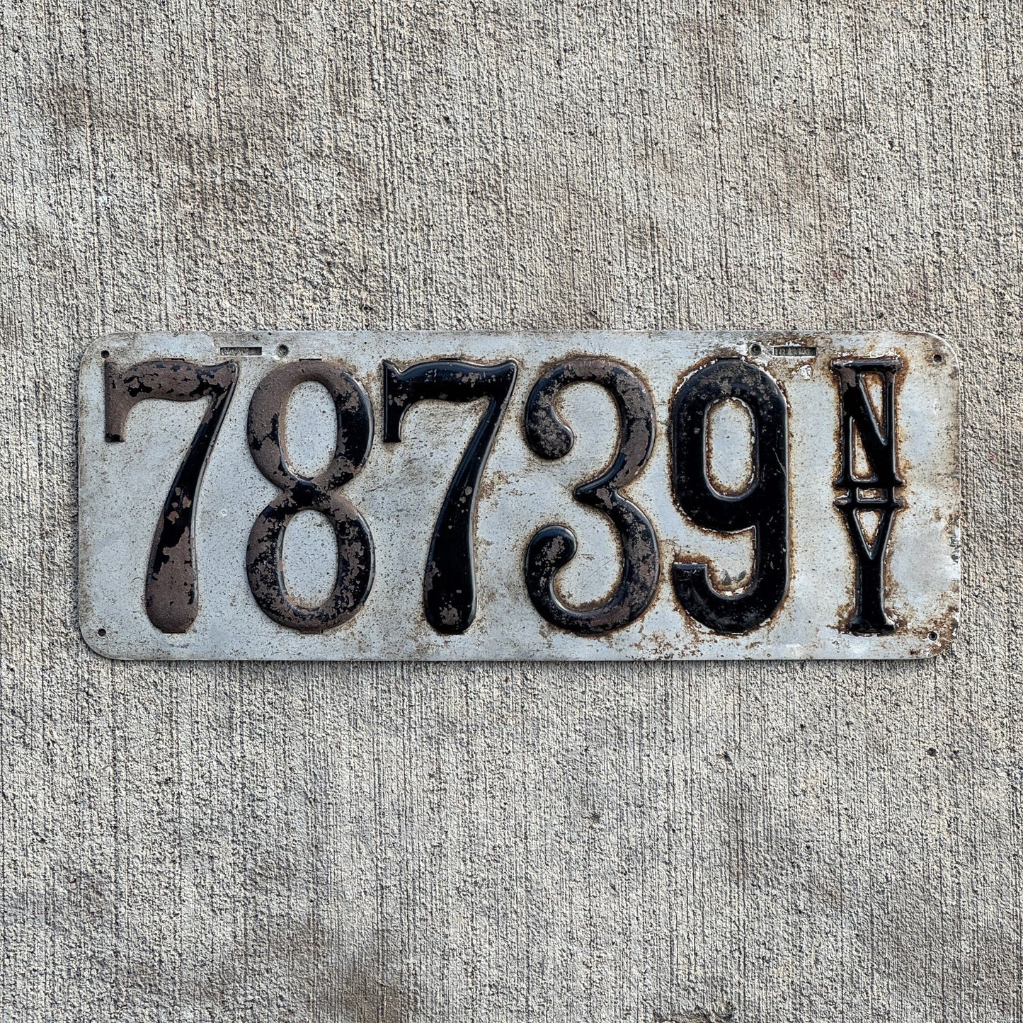 Photo of a 1909 New York Prestate License Plate Auto Tag Garage Decor Vintage 78739 with original patina