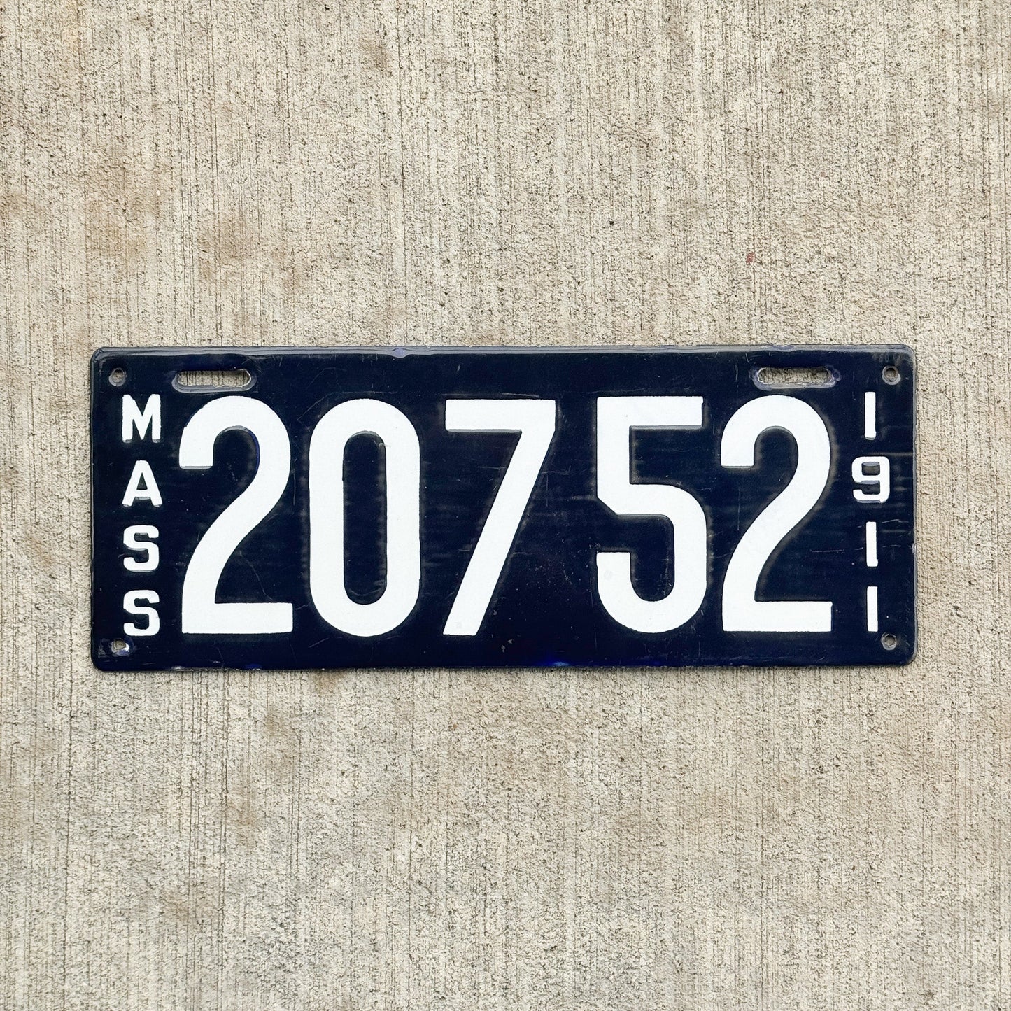 Photo of a 1911 Massachusetts Porcelain License Plate Auto Tag Garage Decor Vintage High Quality 20752 with original patina
