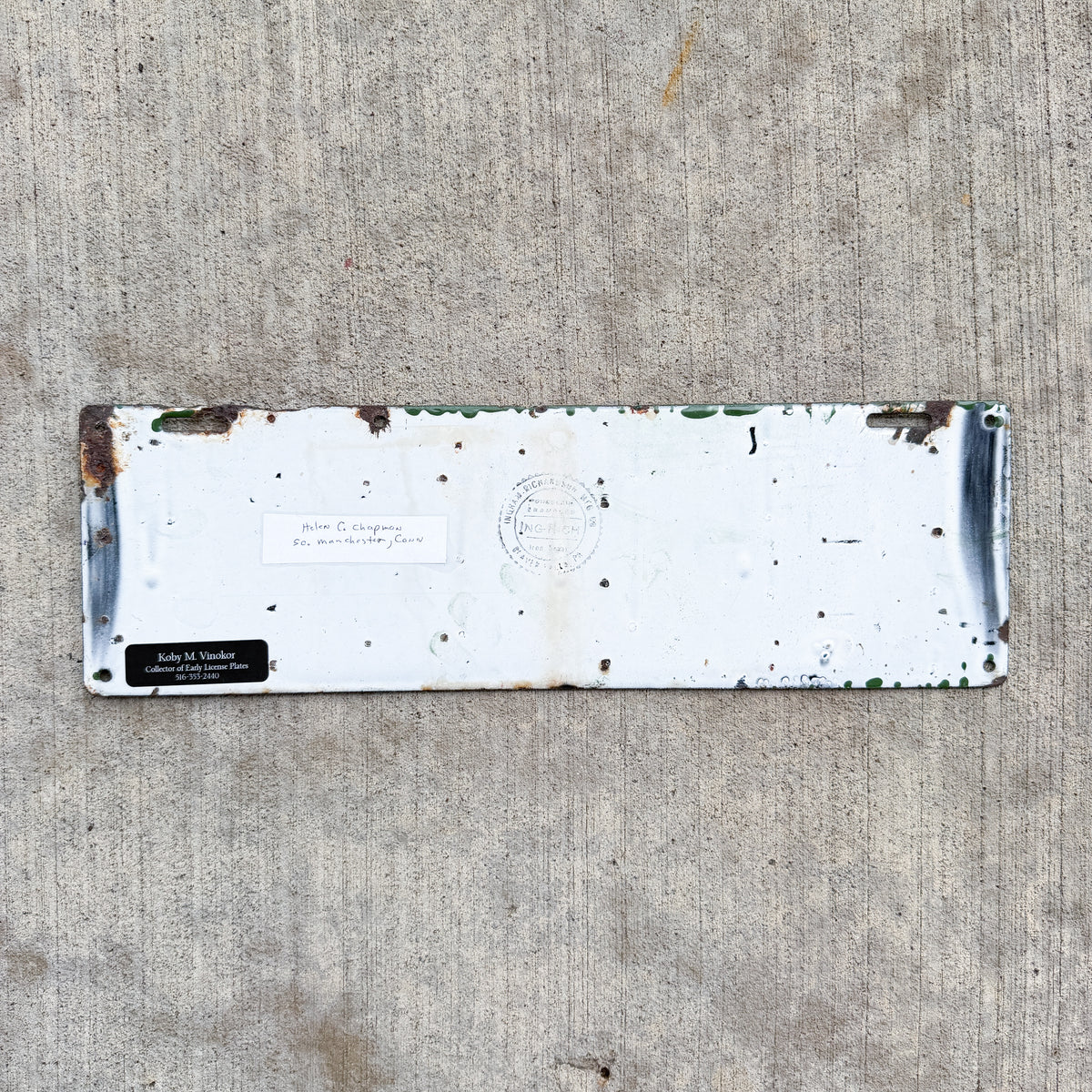 Photo of a 1912 Connecticut Porcelain License Plate Auto Tag Garage Decor Vintage 9337 with original patina