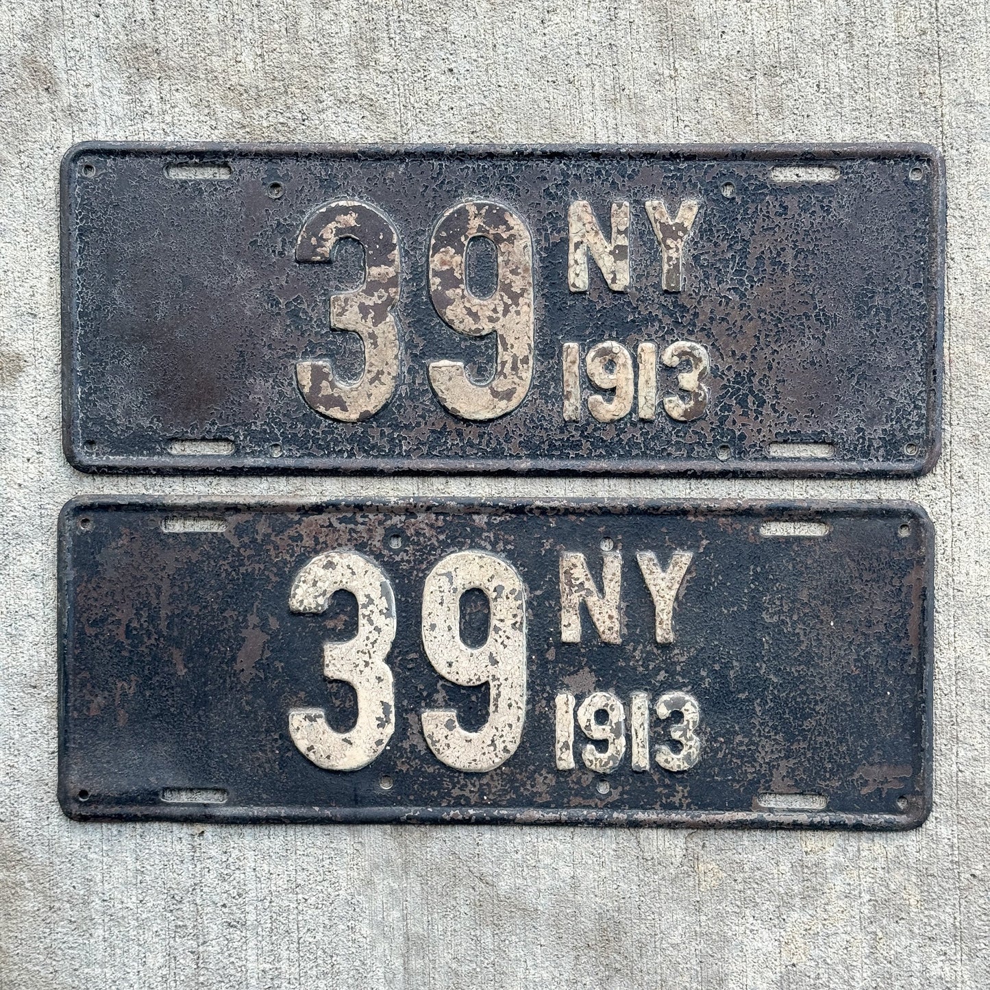 Photo of a 1913 New York License Plate Pair Auto Tag Garage Decor Vintage ALPCA Archive Example Peerless Low Number Two Digit 39 with original patina