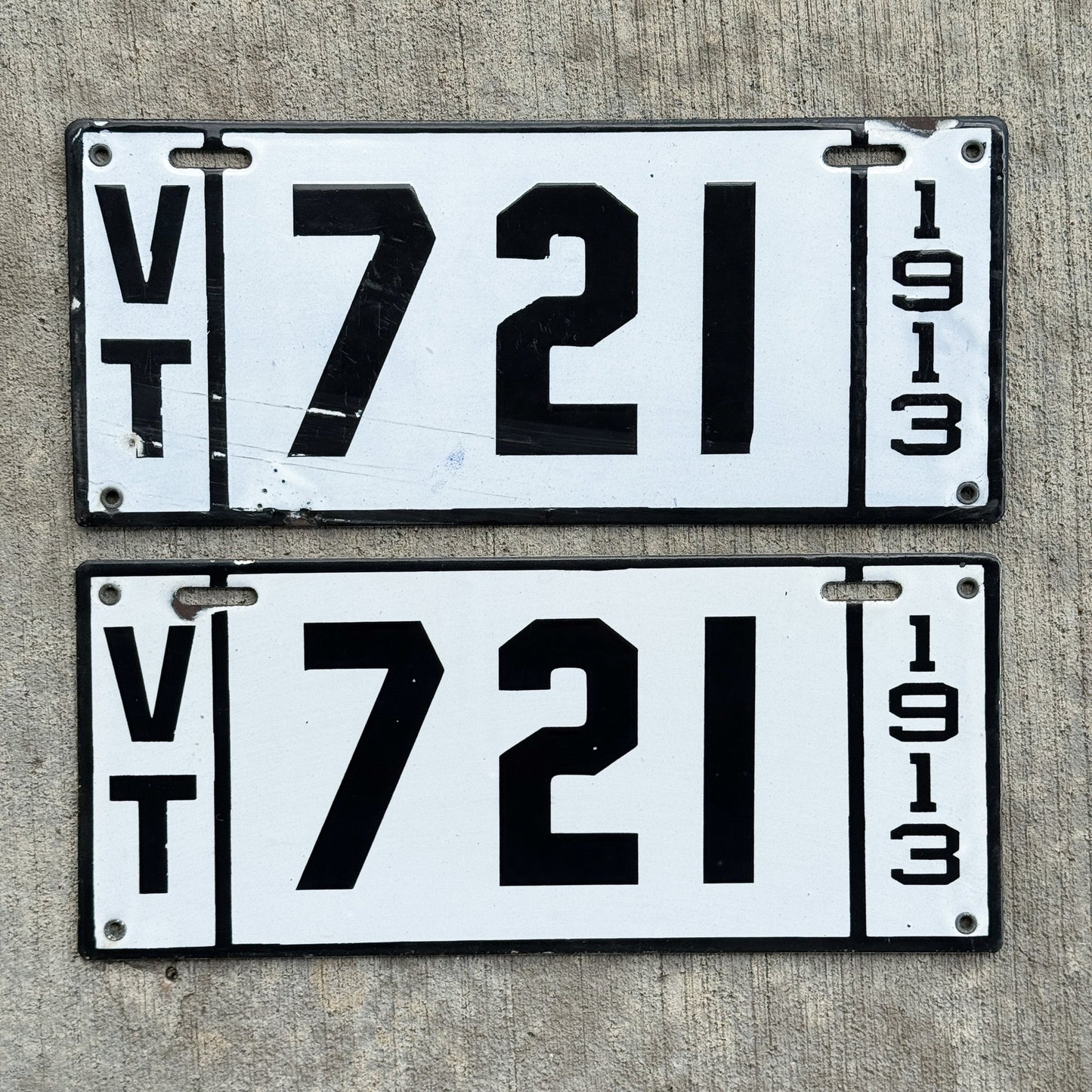 Photo of a 1913 Vermont Porcelain License Plate Pair Auto Tag Garage Decor Vintage Low Number Three Digit 721 with original patina