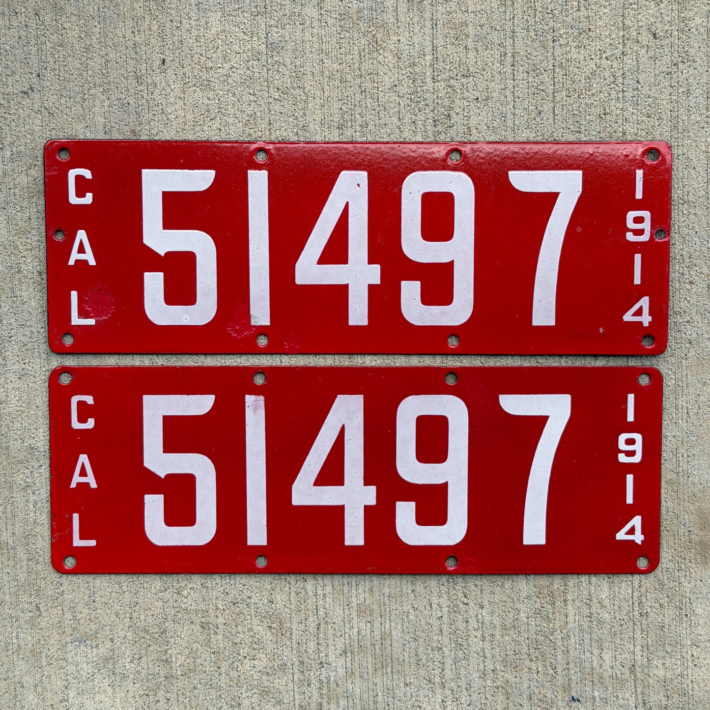 Photo of a 1914 California Porcelain License Plate Pair Auto Tag Garage Decor Vintage First Issue 51497 with original patina