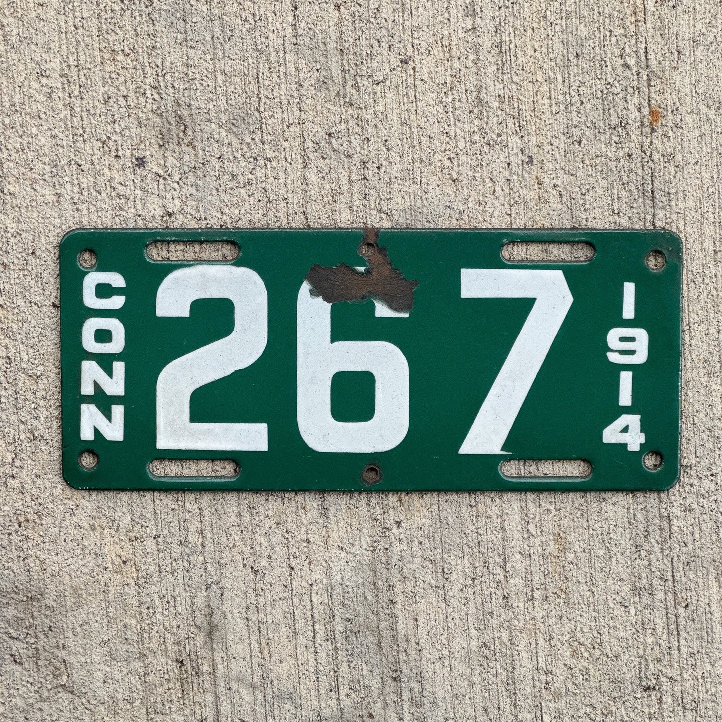 Photo of a 1914 Connecticut Porcelain Motorcycle License Plate Auto Tag 1 Vintage Garage Low Number Three Digit 267 with original patina