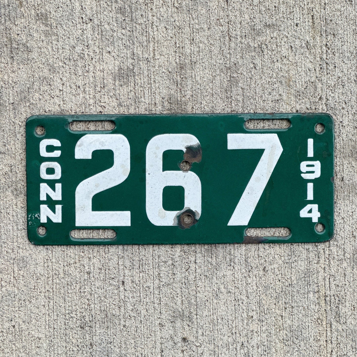 Photo of a 1914 Connecticut Porcelain Motorcycle License Plate Auto Tag 2 Vintage Garage Low Number Three Digit 267 with original patina