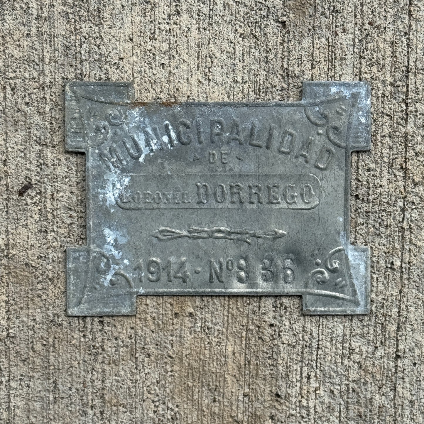 Photo of a 1914 Coronel Dorrego Argentina Auto Tag Garage Decor Vintage Badge 836 with original patina