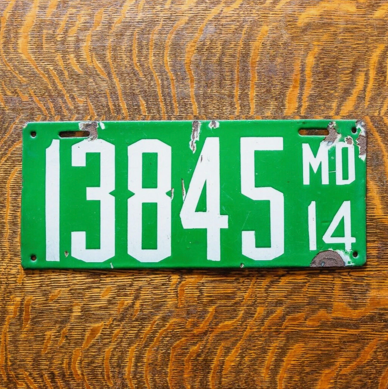 Photo of a 1914 Maryland Porcelain License Plate Auto Tag Garage Decor Vintage 13845 with original patina