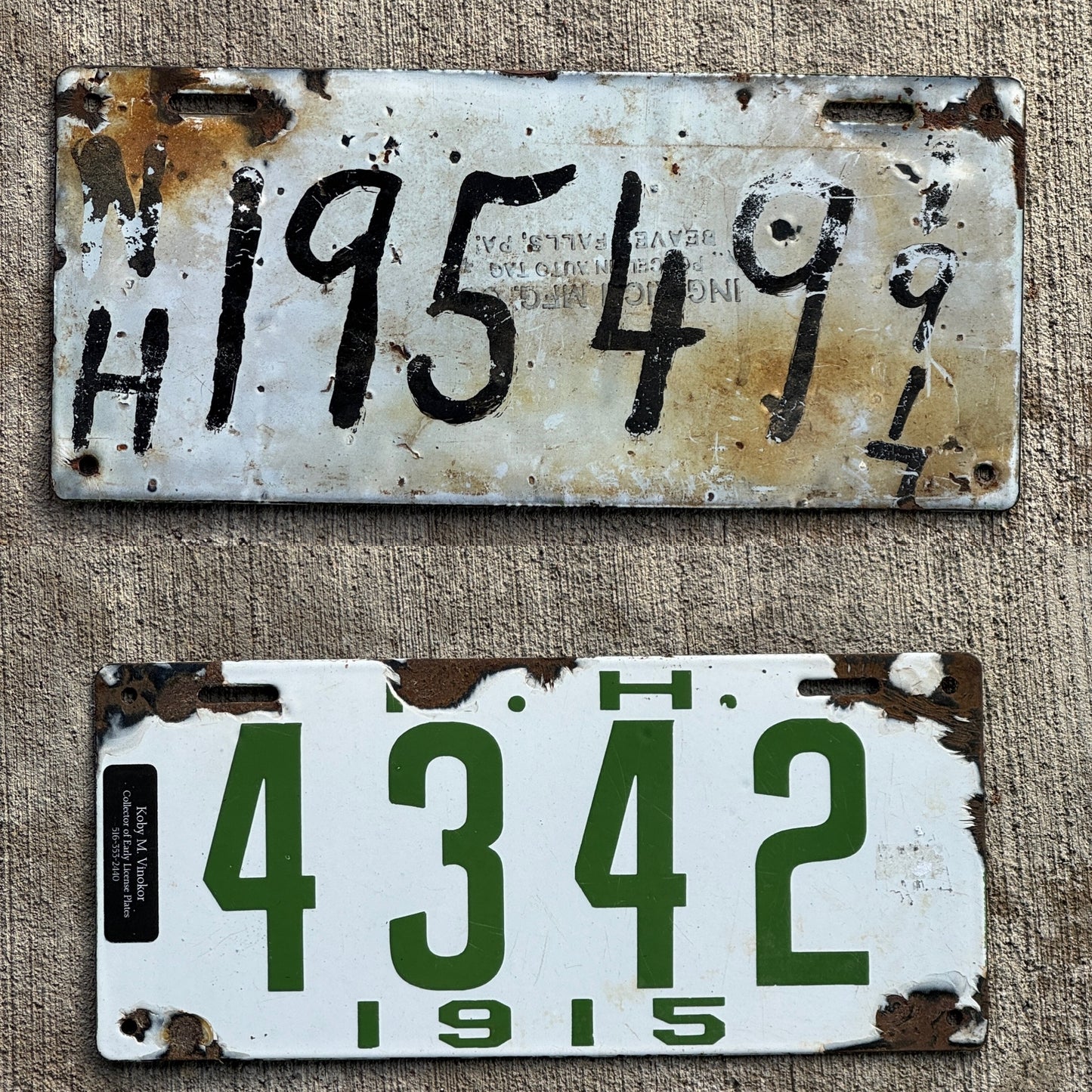 Both sides of a 1915 New Hampshire porcelain license plate that was reused by the owner by painting a number on the reverse side for 1917.