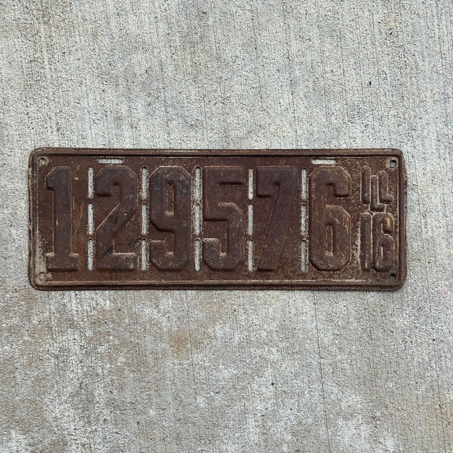 Photo of a 1916 Illinois License Plate Auto Tag Garage Decor Vintage Front Plate Airflow Slots 129576 with original patina