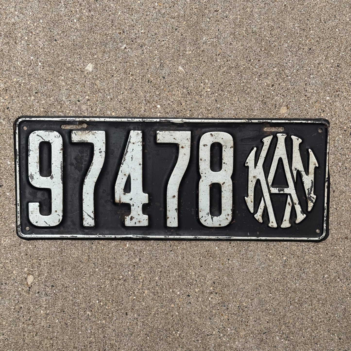 Photo of a 1916 Kansas License Plate Auto Tag Garage Decor Vintage 97478 with original patina