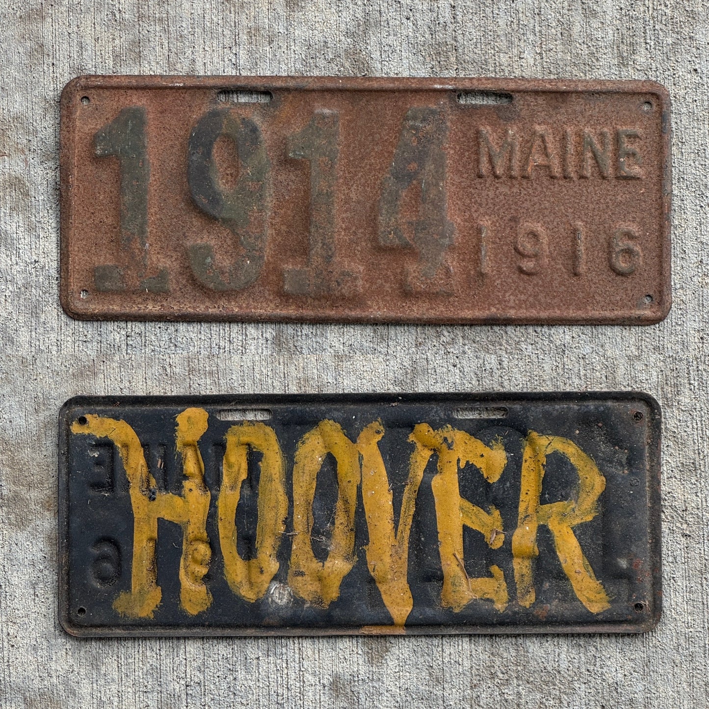 Photo of a 1916 Maine License Plate Auto Tag Garage Decor Vintage Low Number Four Digit 1914 with original patina. Photo is split in two and includes the front of the plate on top and on the bottom is a photo of the back of the plate which features HOOVER painted on it advertising the presidential campaign.