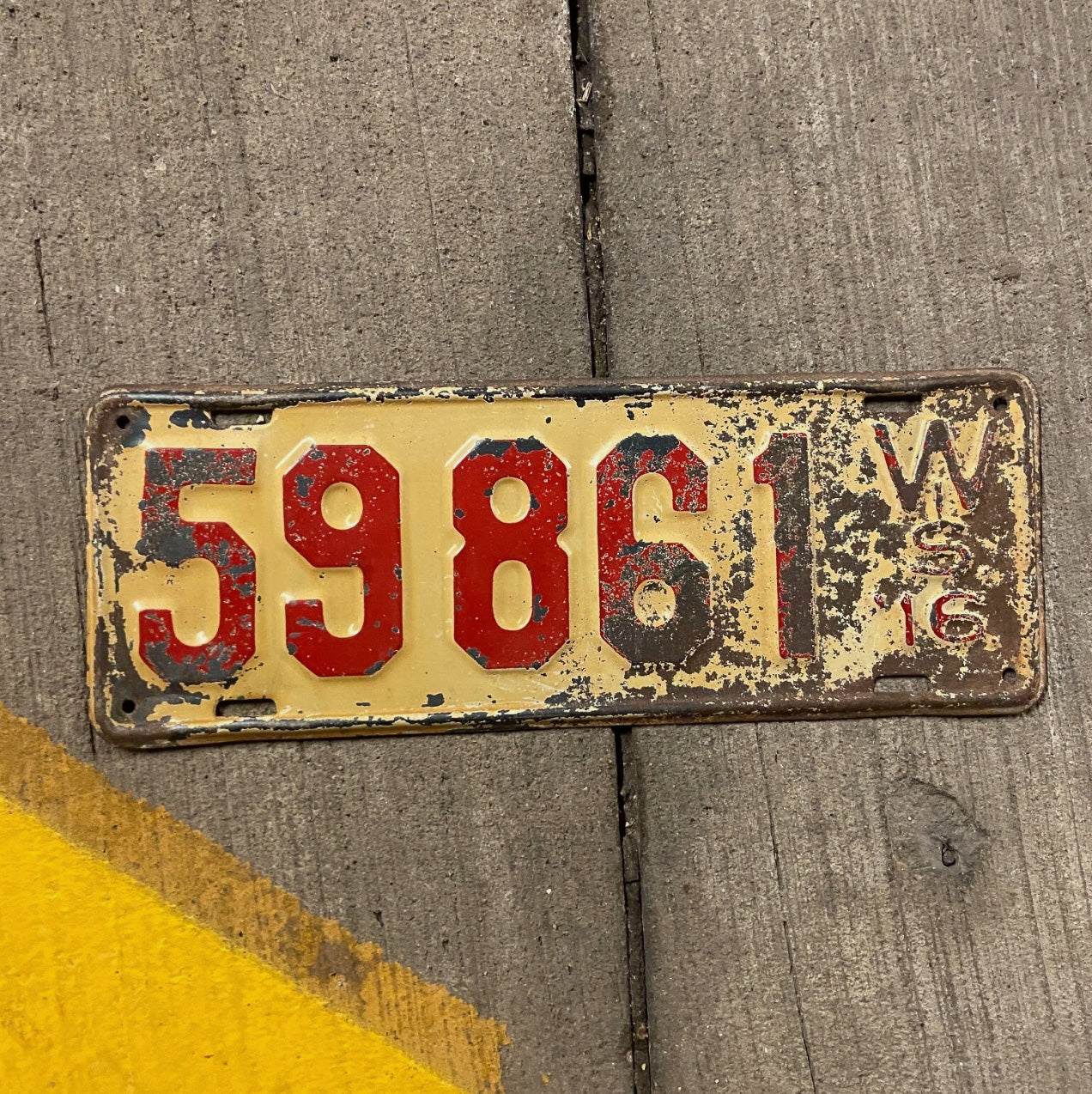 Photo of a 1916 Wisconsin License Plate Auto Tag Garage Decor Vintage 59861 with original patina