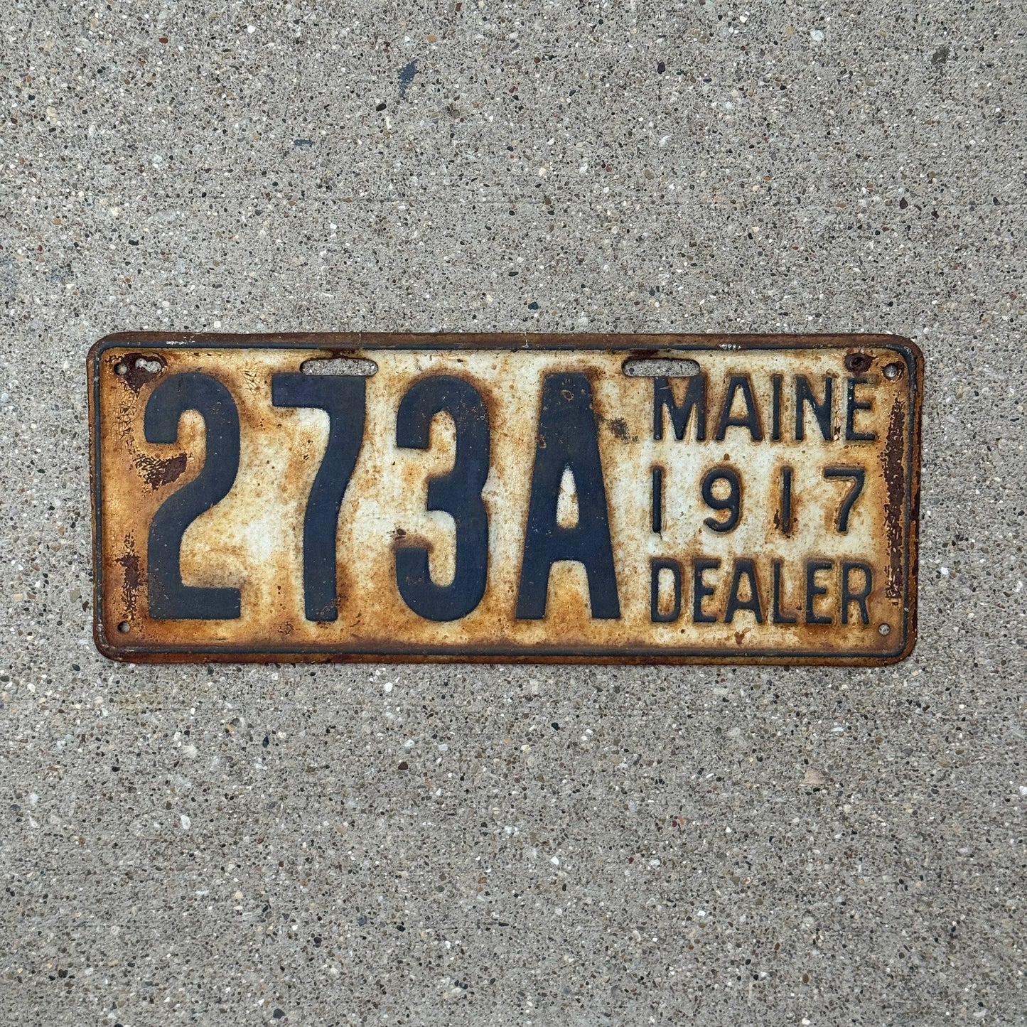 Photo of a 1917 Maine Dealer License Plate Auto Tag 2 Garage Decor 273 A with original patina