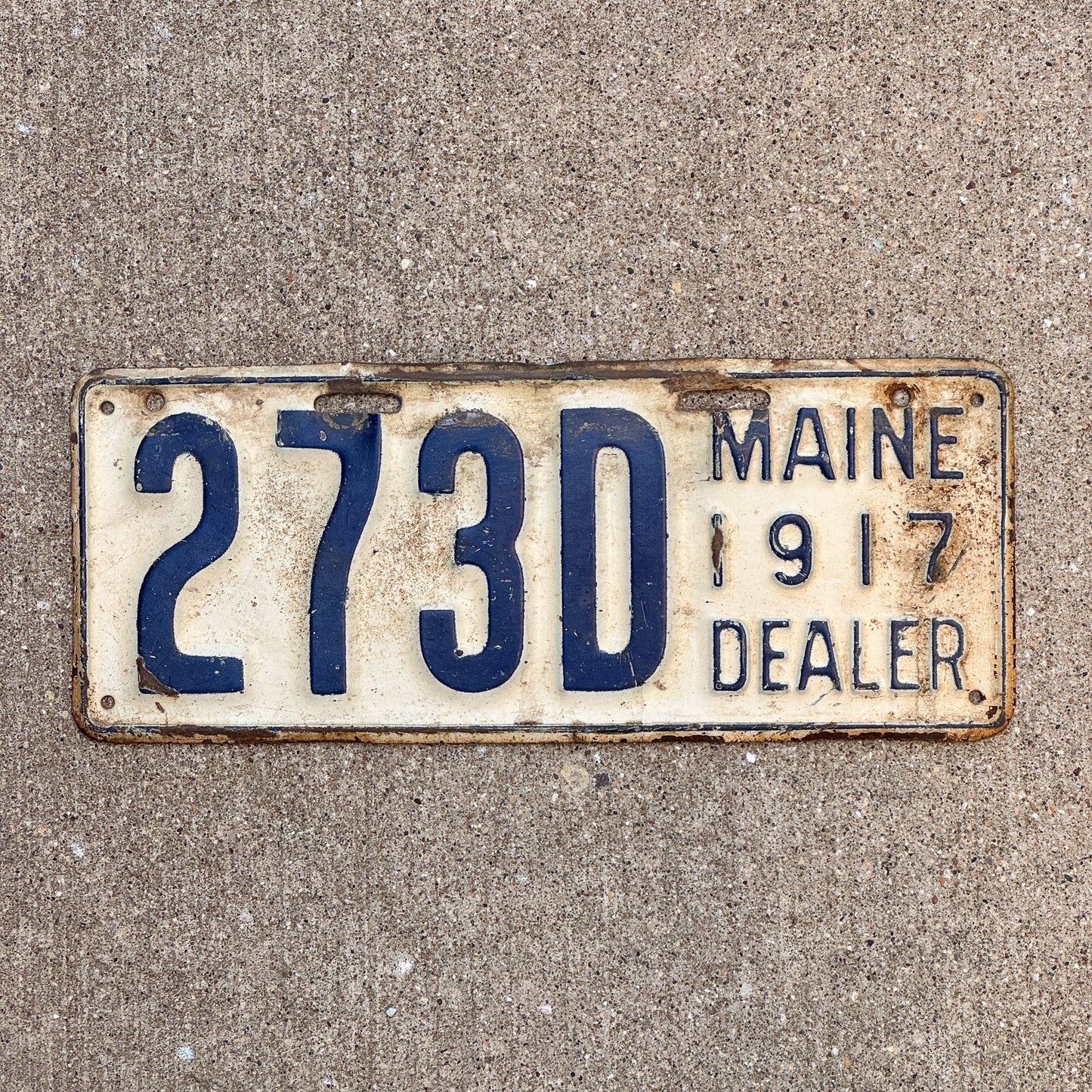 Photo of a 1917 Maine Dealer License Plate Auto Tag 2 Garage Decor 273 D with original patina