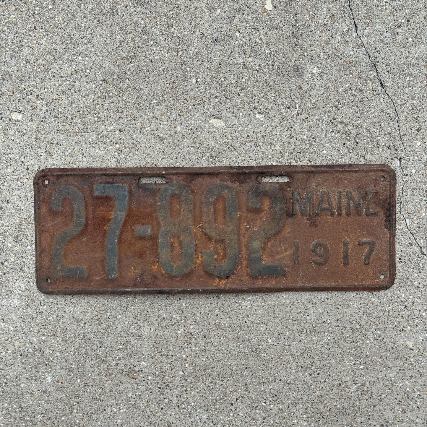 Photo of a 1917 Maine License Plate Auto Tag Garage Decor Vintage 27 892 with original patina