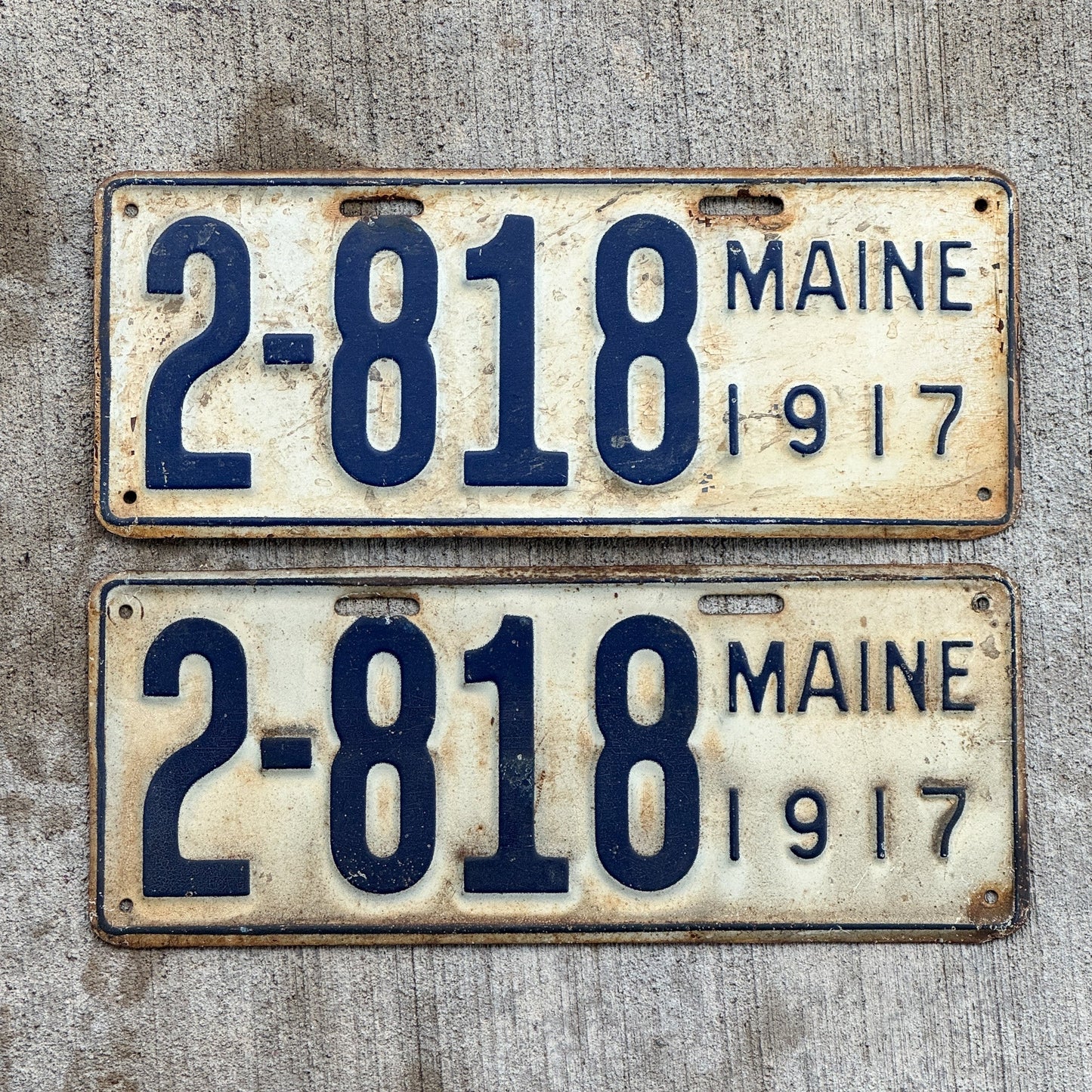 Photo of a 1917 Maine License Plate Pair Auto Tag Garage Decor Vintage Low Number Four Digit 2 818 with original patina