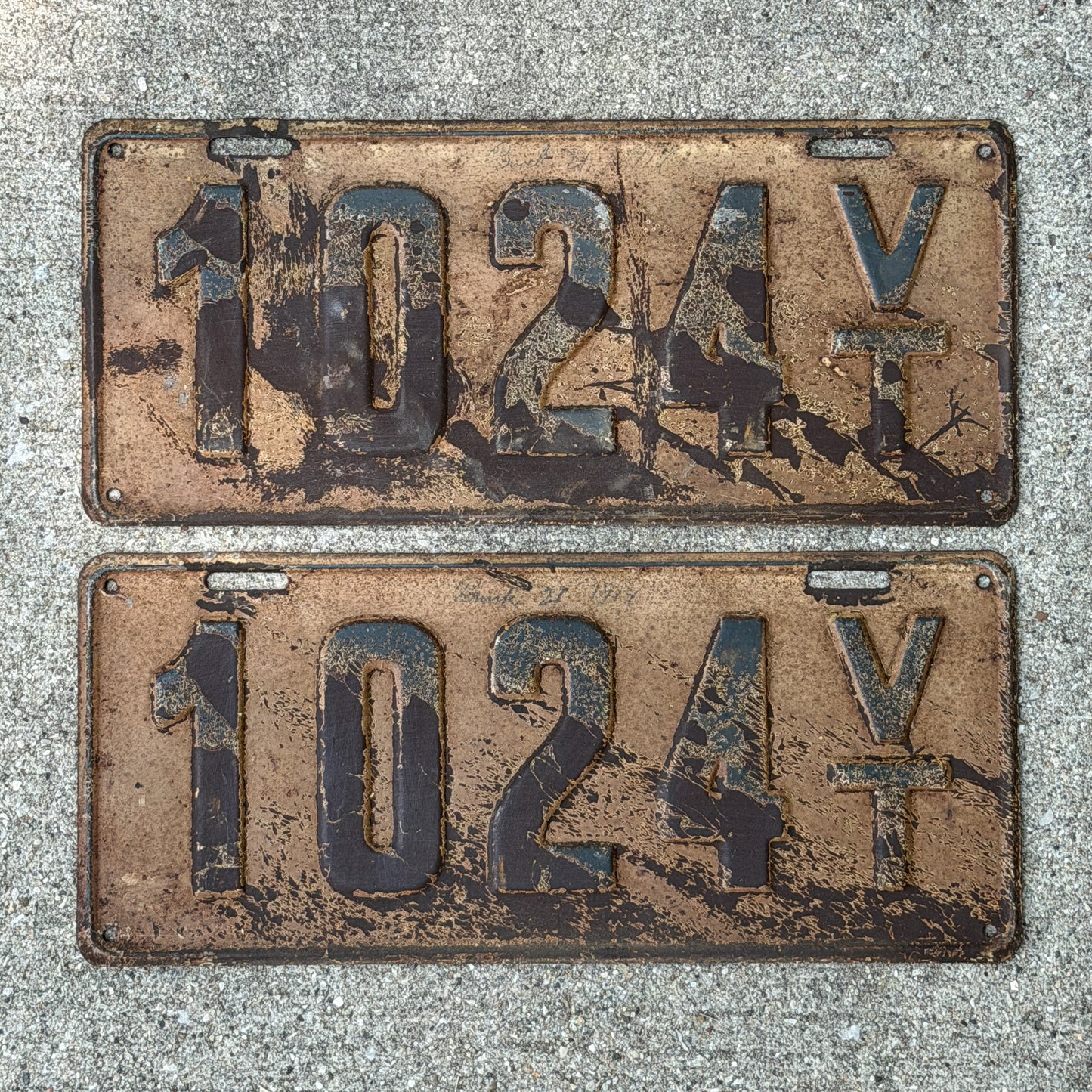 Photo of a 1917 Vermont License Plate Pair Auto Tag Garage Decor Vintage Low Number Four Digit 1024 with original patina
