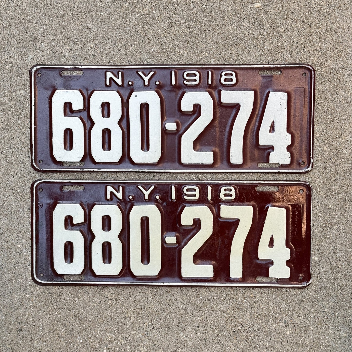 Photo of a 1918 New York License Plate Pair Auto Tag Garage Decor Vintage High Quality 680 274 with original patina
