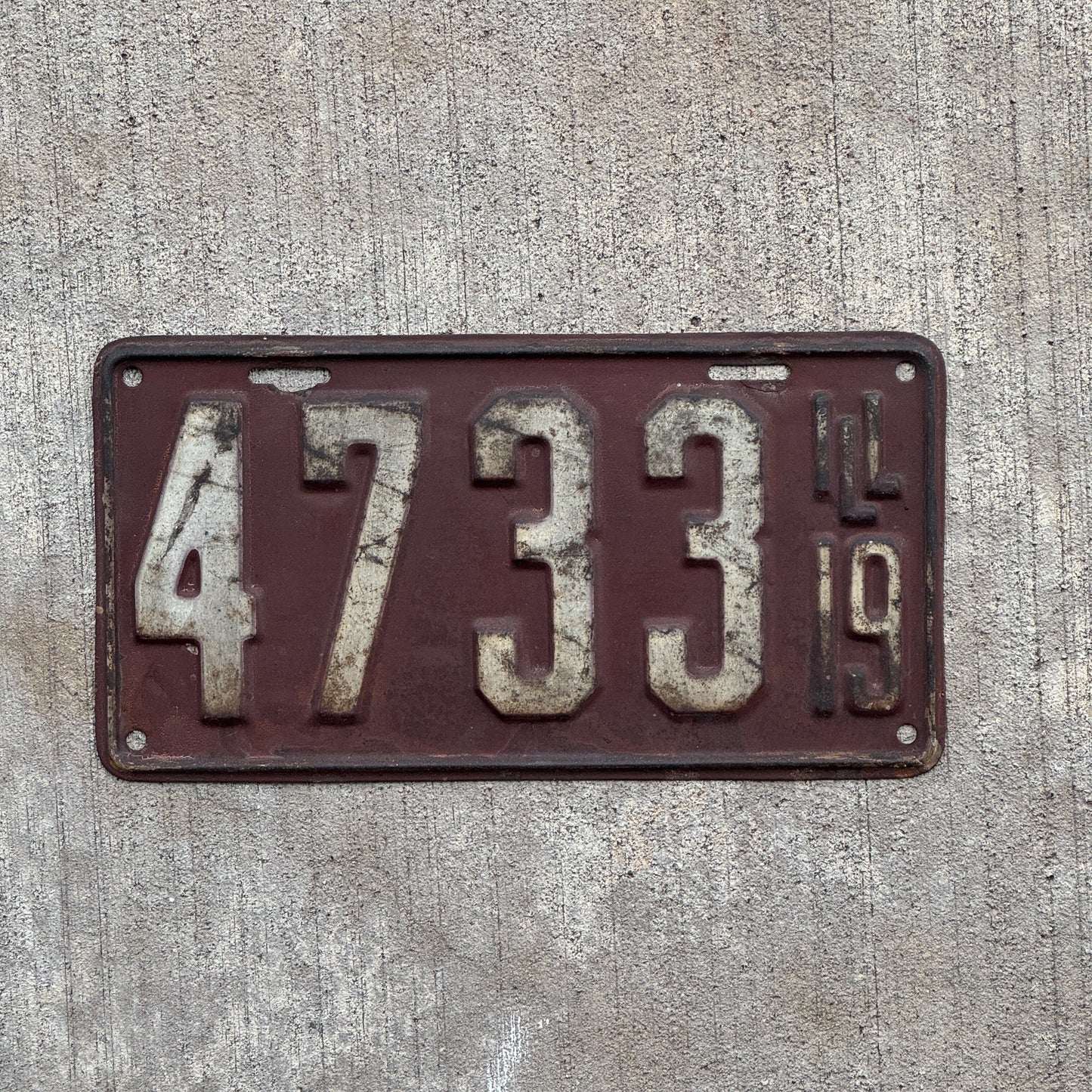 Photo of a 1919 Illinois License Plate Auto Tag Garage Decor Vintage Low Number Four Digit 4733 with original patina