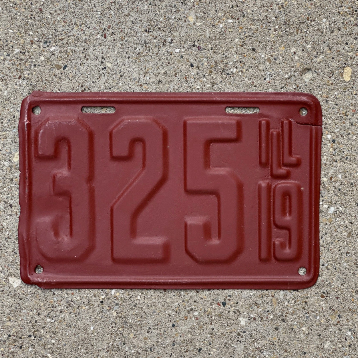 Photo of a 1919 Illinois License Plate Auto Tag Garage Decor Vintage Low Number Three Digit 325 with original patina