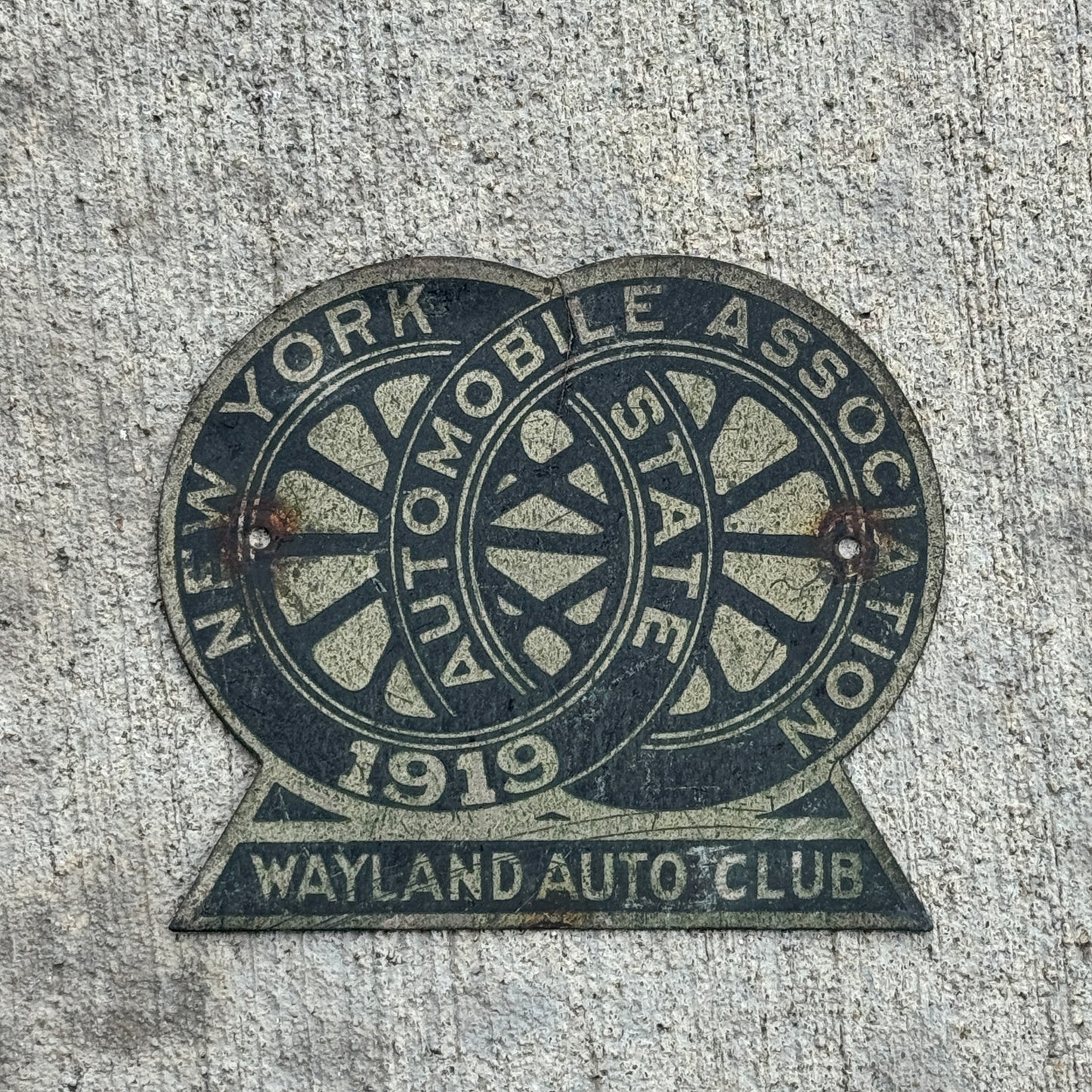 Photo of a 1919 Wayland New York Badge Emblem License Plate Topper Auto Tag Garage Decor Vintage Auto Club with original patina