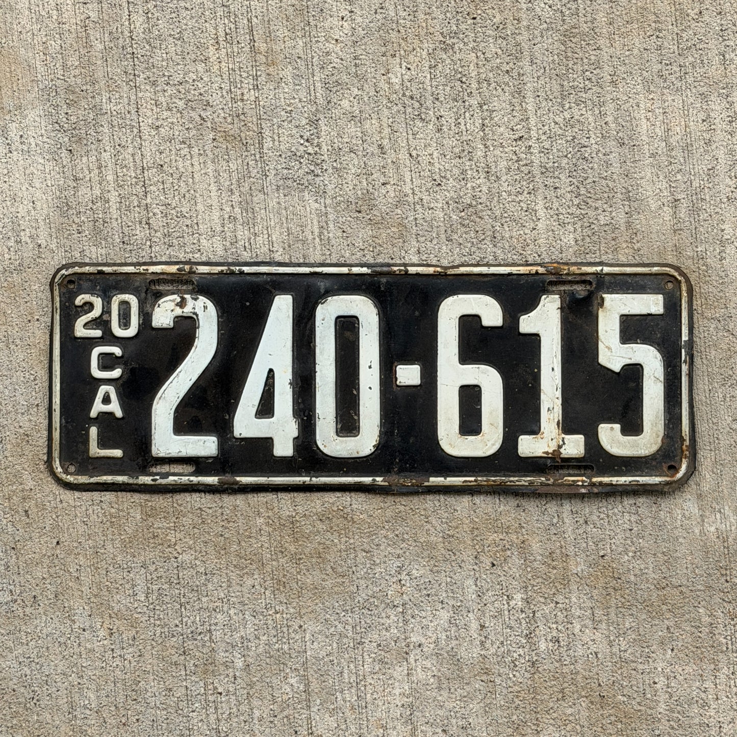 Photo of a 1920 California License Plate Auto Tag Garage Decor Vintage 240 615 with original patina