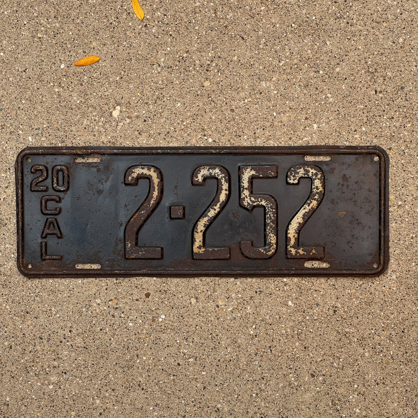 Photo of a 1920 California License Plate Auto Tag Garage Decor Vintage Low Number Four Digit 2 252 with original patina