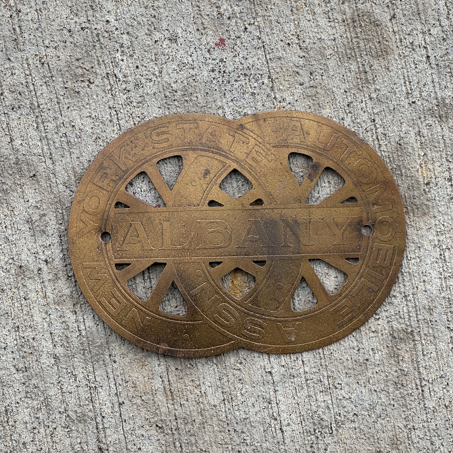 Photo of a 1920 Era Albany New York Badge Emblem License Plate Topper Auto Tag Garage Decor Vintage Motor Club with original patina