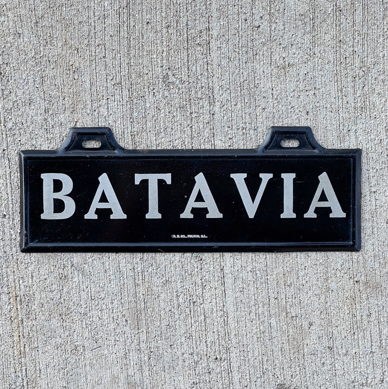 Photo of a 1920 Era Batavia Illinois License Plate Topper Auto Tag Garage Decor Vintage Black Silver Early Auto Garage with original patina