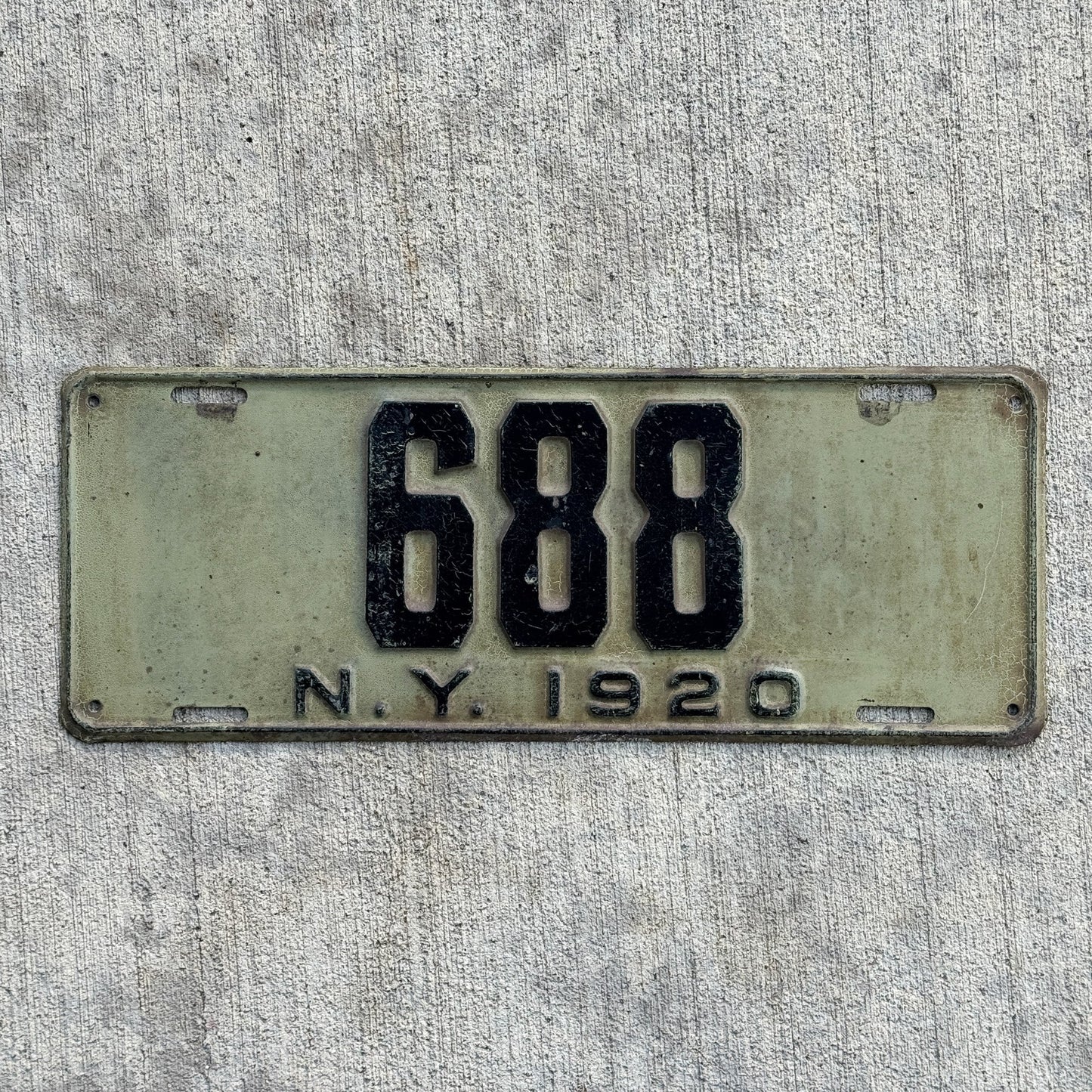 Photo of a 1920 New York License Plate Auto Tag Garage Decor Vintage Low Number Three Digit 688 with original patina