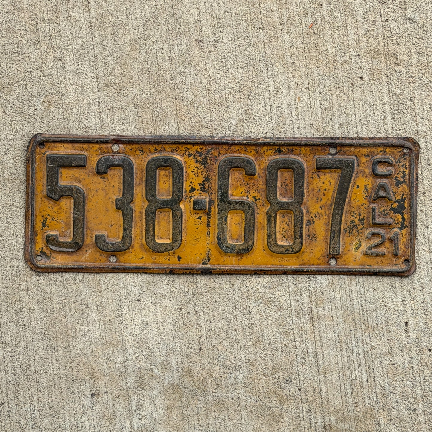 Photo of a 1921 California License Plate Auto Tag Garage Decor Vintage 538 687 with original patina