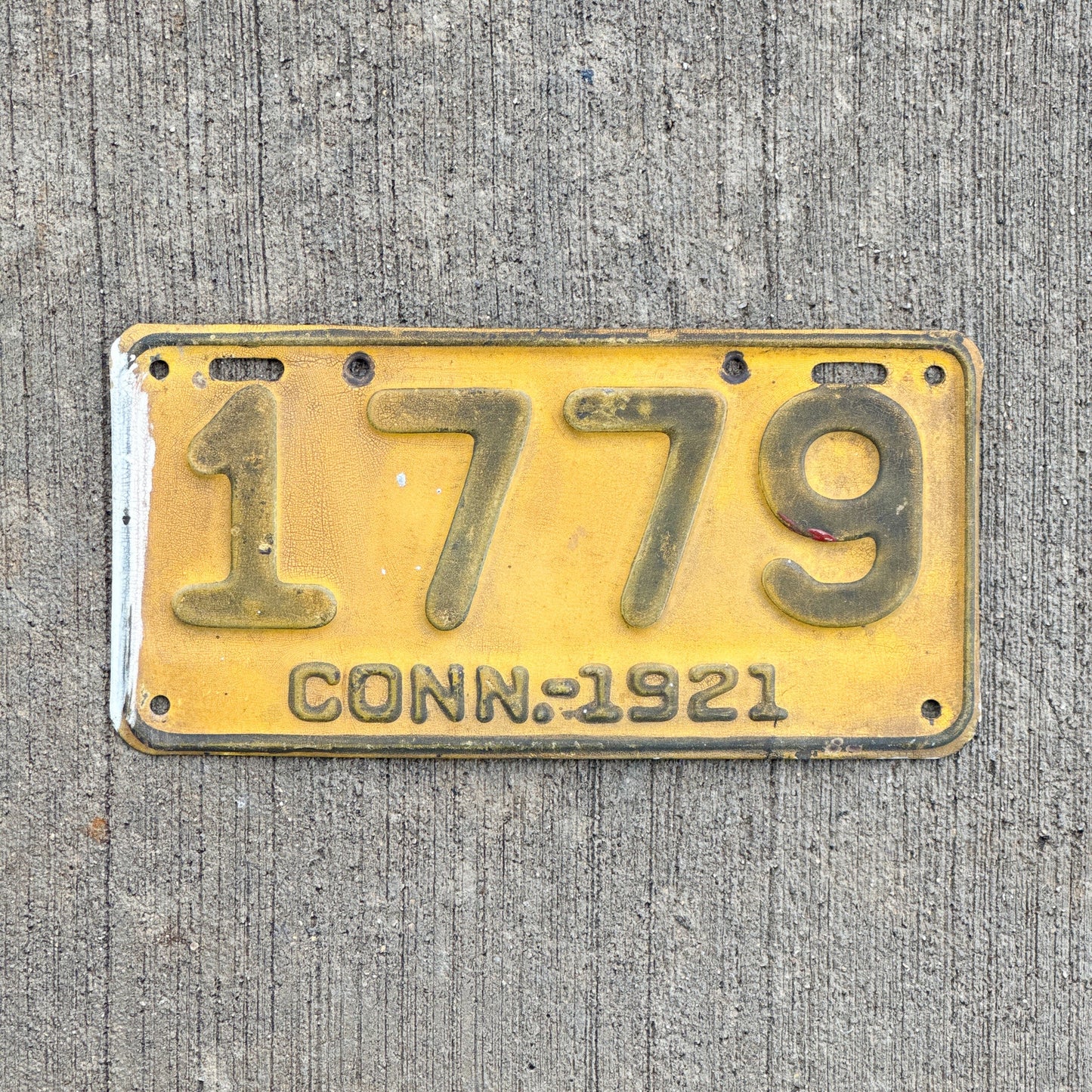 Photo of a 1921 Connecticut Motorcycle Side Car License Plate Auto Tag 2 Vintage Garage 1779 with original patina