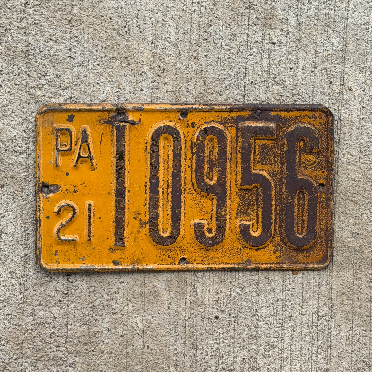 Photo of a 1921 Pennsylvania Motorcycle License Plate Auto Tag Garage Decor Vintage 10956 with original patina