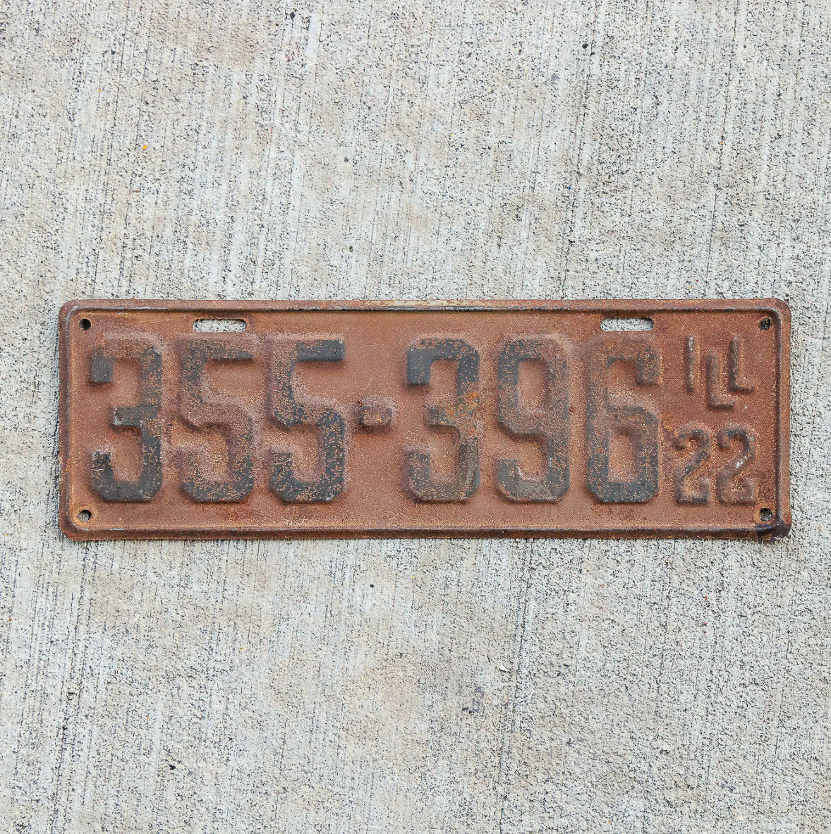 Photo of a 1922 Illinois License Plate Auto Tag Garage Decor Vintage 355 396 with original patina