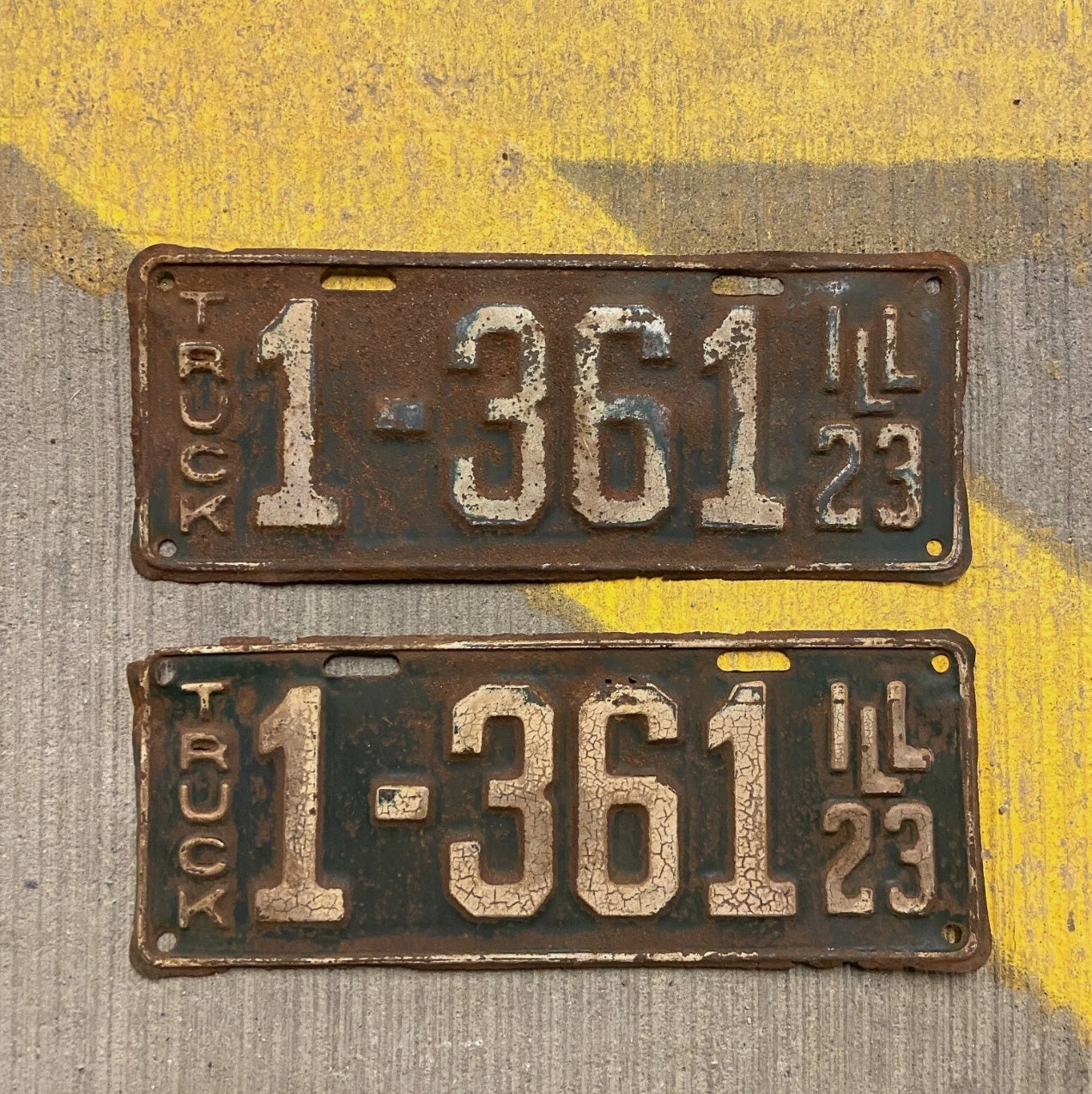 Photo of a 1923 Illinois Truck License Plate Pair Auto Tag Garage Decor Vintage Low Number Four Digit 1361 with original patina