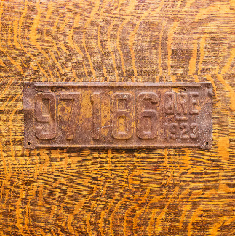 Photo of a 1923 Oregon License Plate Auto Tag Garage Decor Vintage 97 186 with original patina