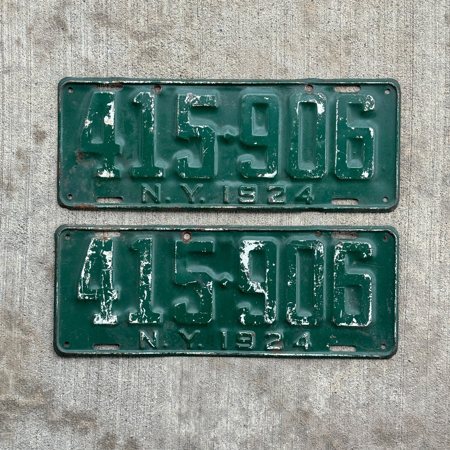 Photo of a 1924 New York License Plate Pair Auto Tag Garage Decor Vintage 415 906 with original patina