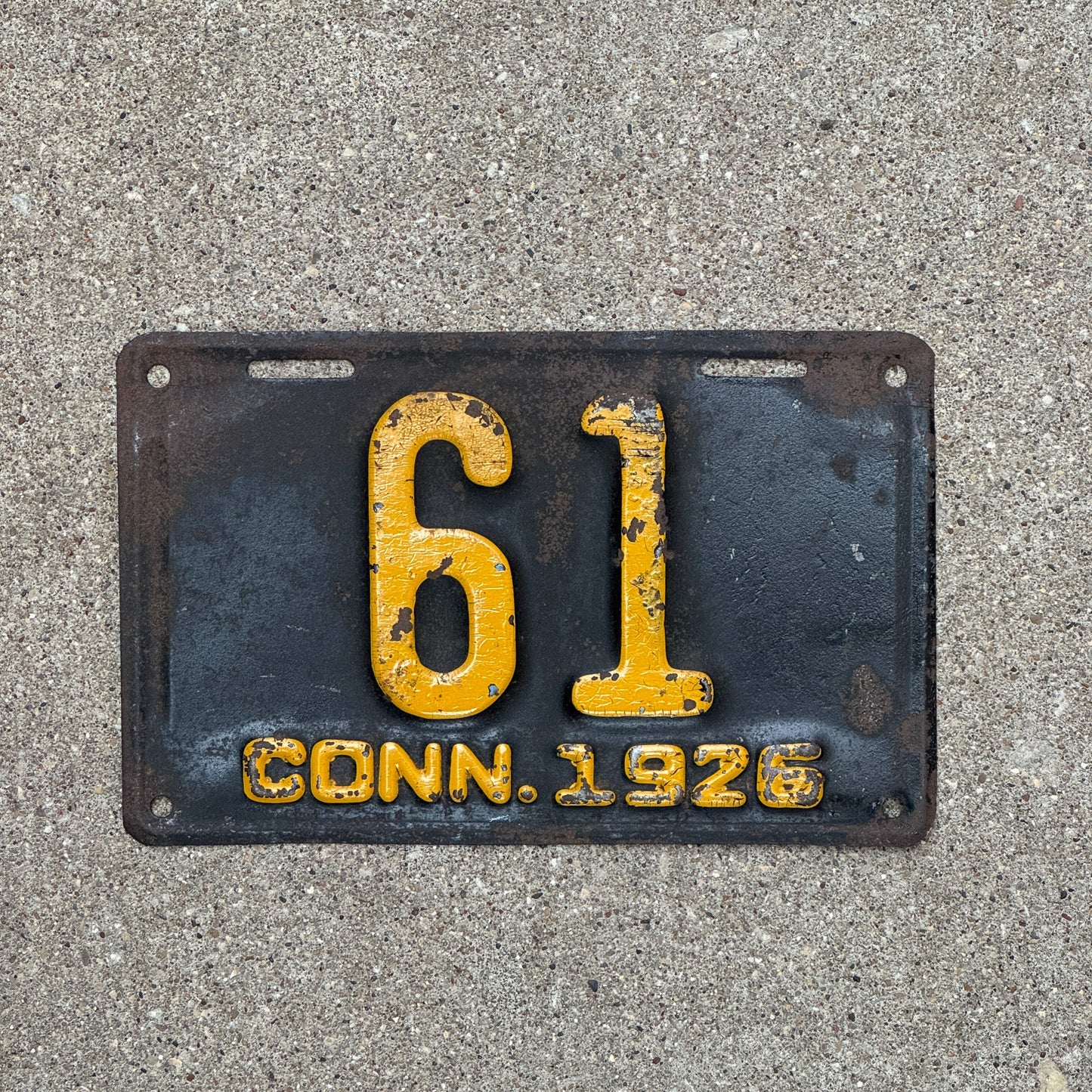 Photo of a 1926 Connecticut Commercial License Plate Auto Tag Garage Decor Vintage Low Number Two Digit 61 with original patina