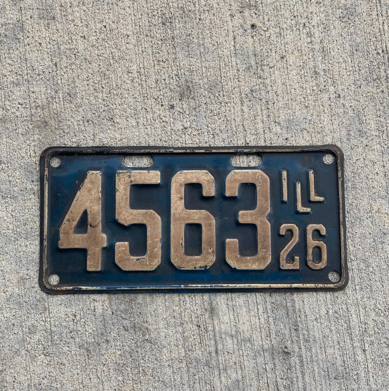 Photo of a 1926 Illinois License Plate Auto Tag Garage Decor Vintage Low Number Four Digit 4563 with original patina