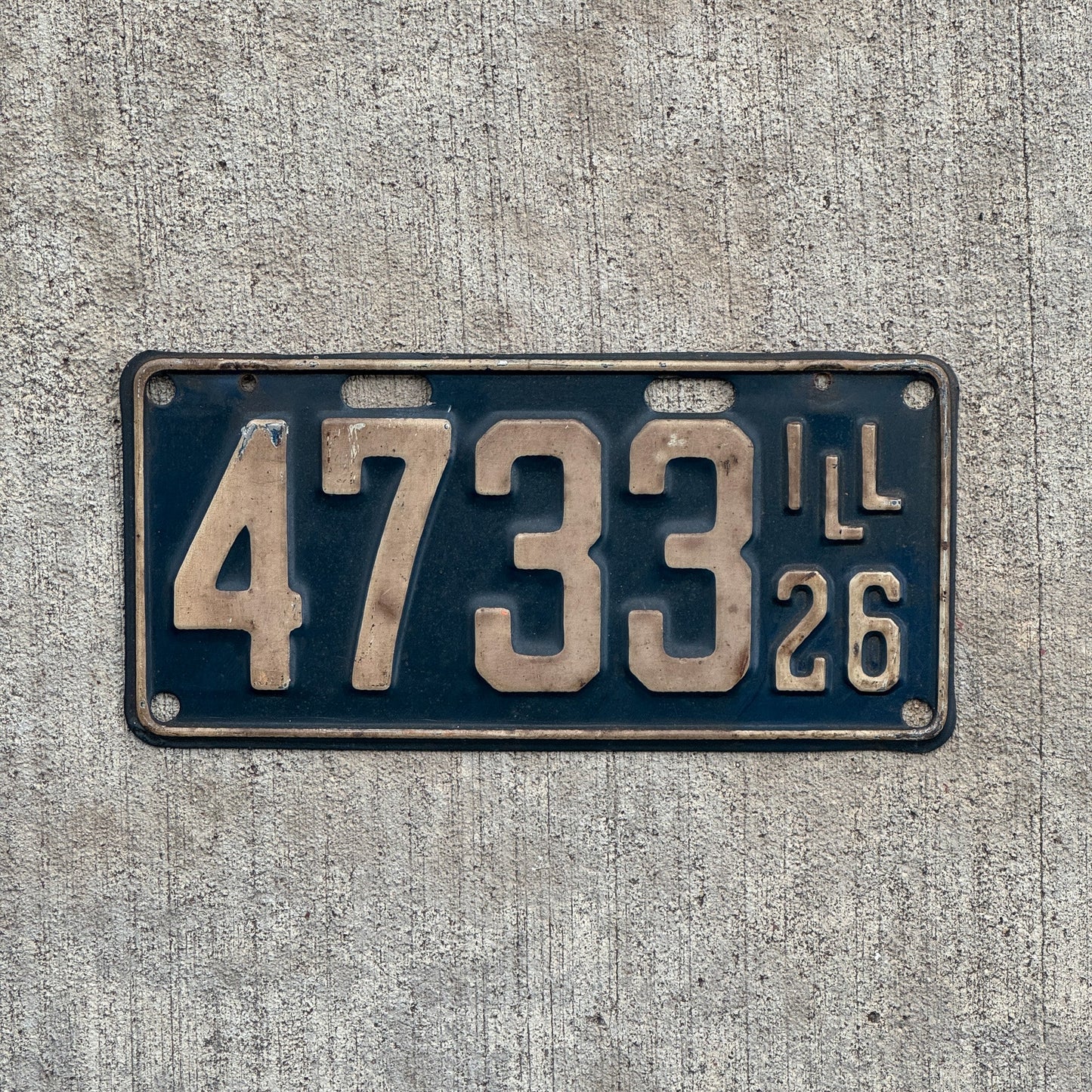Photo of a 1926 Illinois License Plate Auto Tag Garage Decor Vintage Low Number Four Digit 4733 with original patina