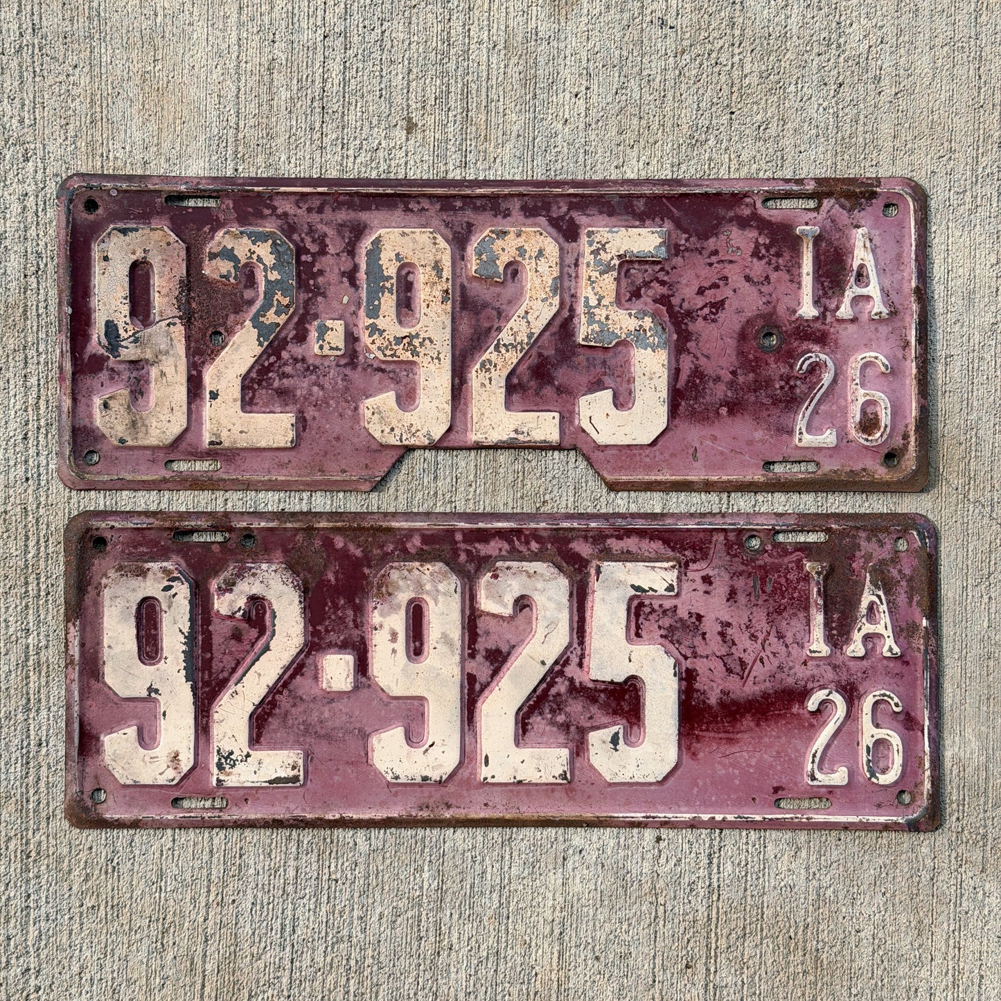 Photo of a 1926 Iowa License Plate Pair Auto Tag Garage Decor Vintage 92 925 with original patina