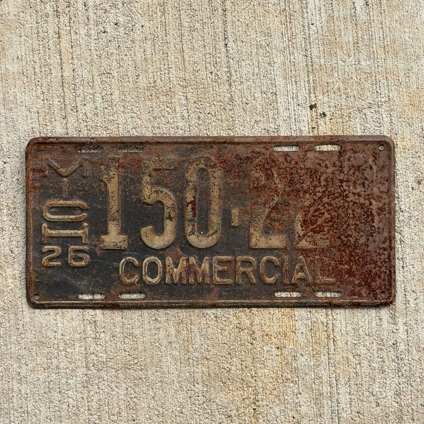 Photo of a 1926 Michigan Commercial License Plate Auto Tag Garage Decor Vintage 150 228 with original patina