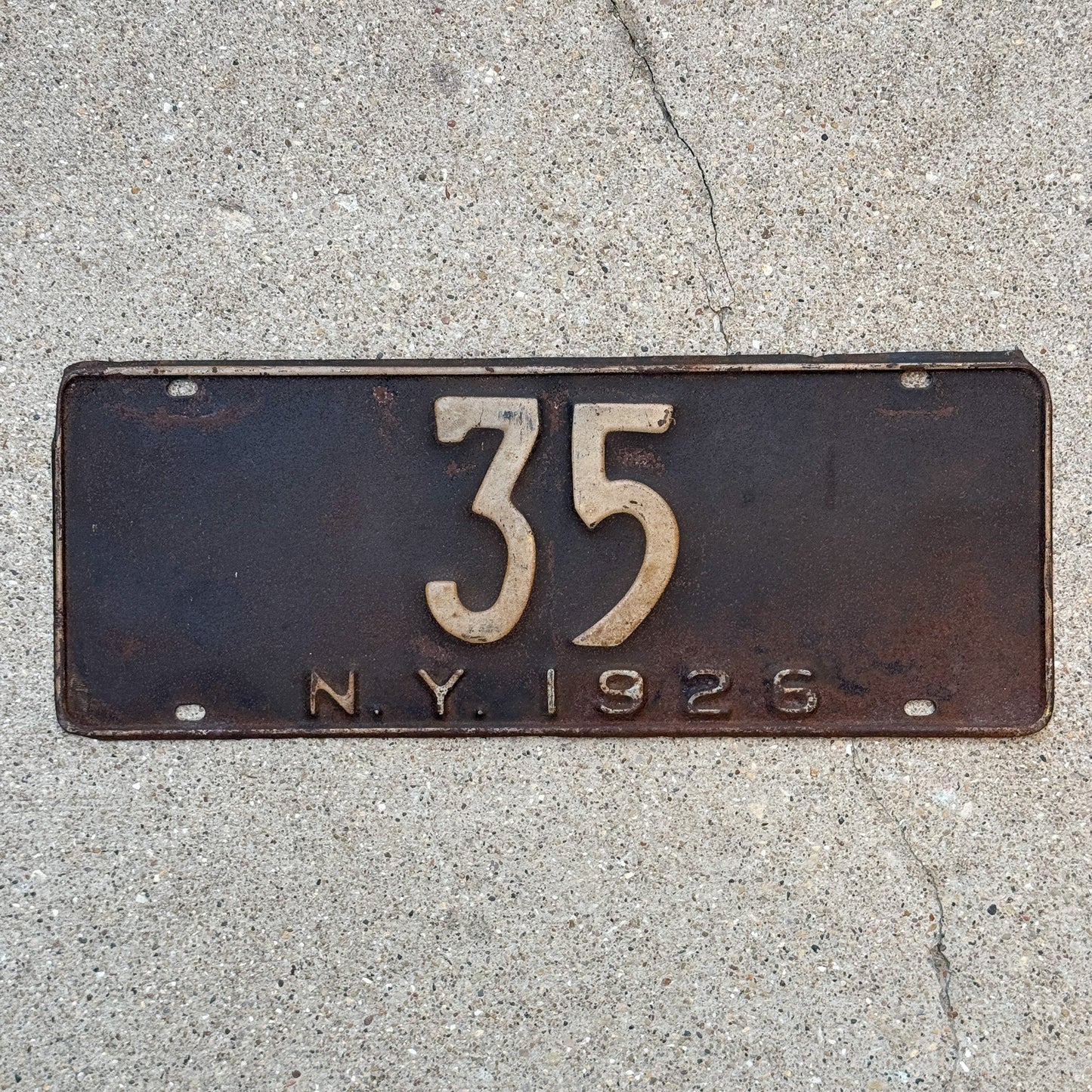 Photo of a 1926 New York State Official License Plate Auto Tag Garage Decor Vintage ALPCA Archive Example Politics Political Low Number Two Digit 35 with original patina