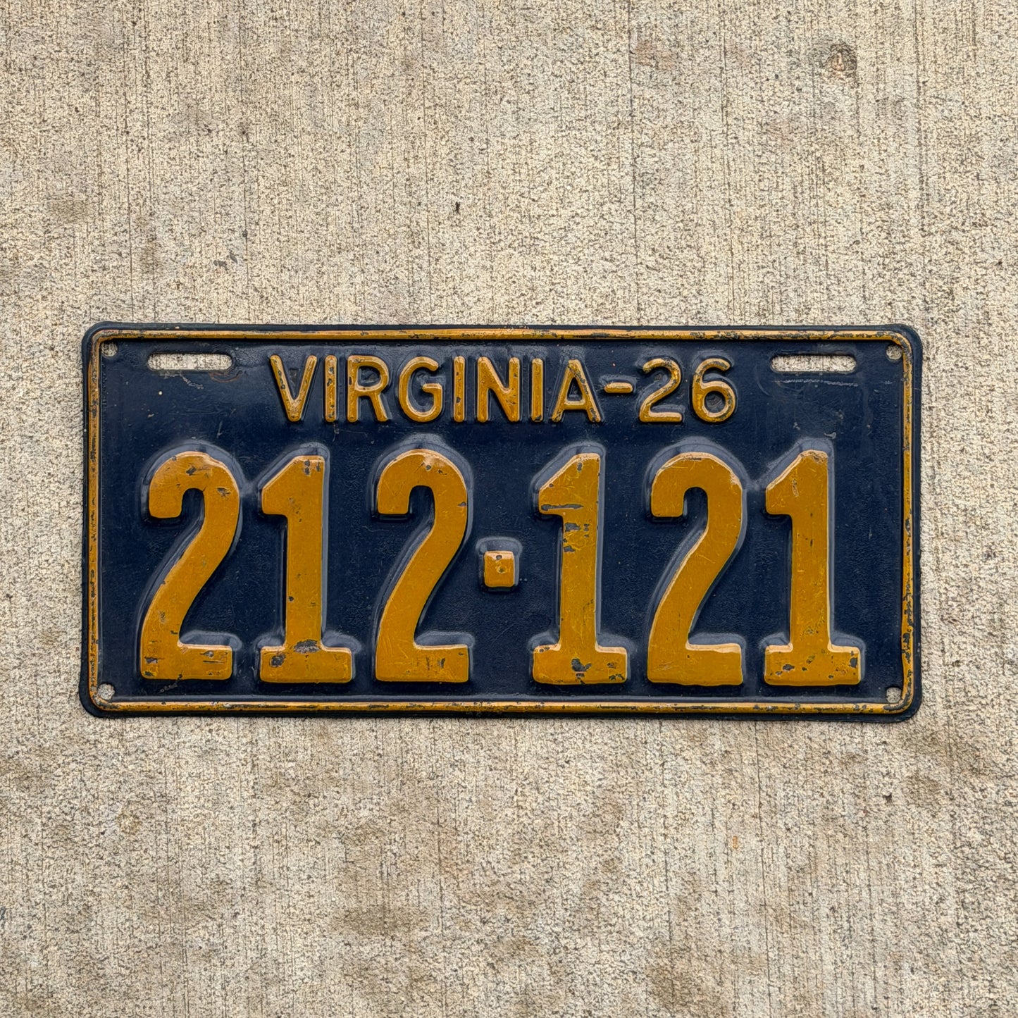 Photo of a 1926 Virginia License Plate Auto Tag Garage Decor Vintage 212 121 with original patina