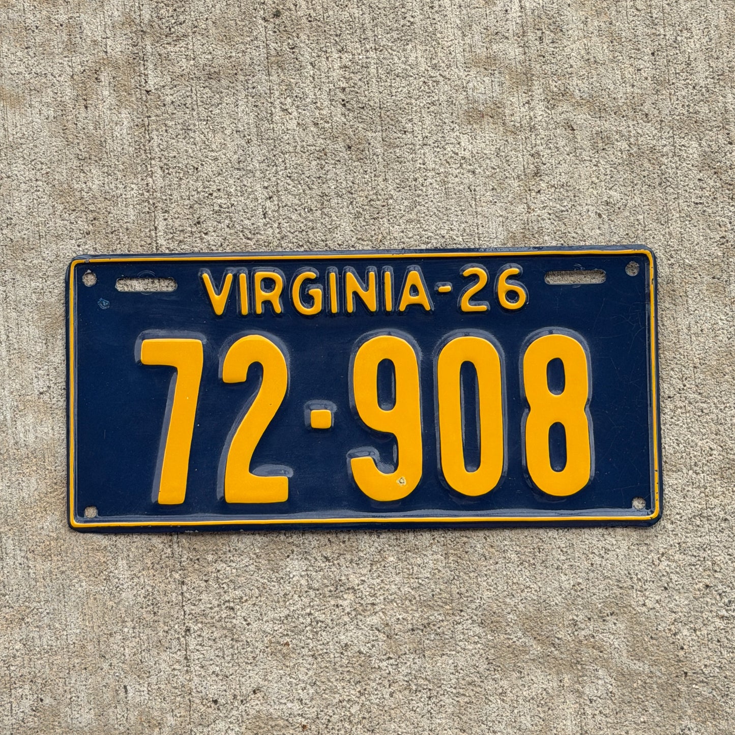Photo of a 1926 Virginia License Plate Auto Tag Garage Decor Vintage 72 908 with original patina