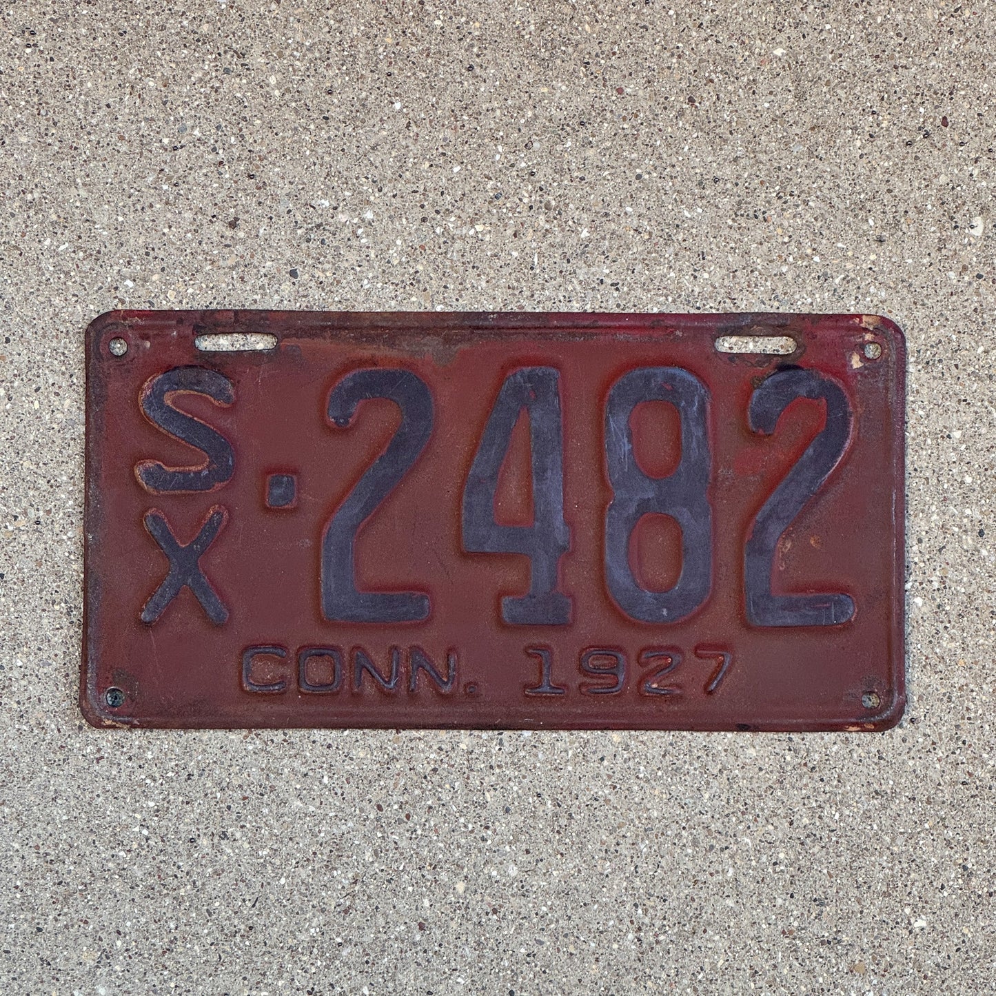 Photo of a 1927 Connecticut Dealer License Plate Auto Tag Garage Decor Vintage SX 2482 with original patina