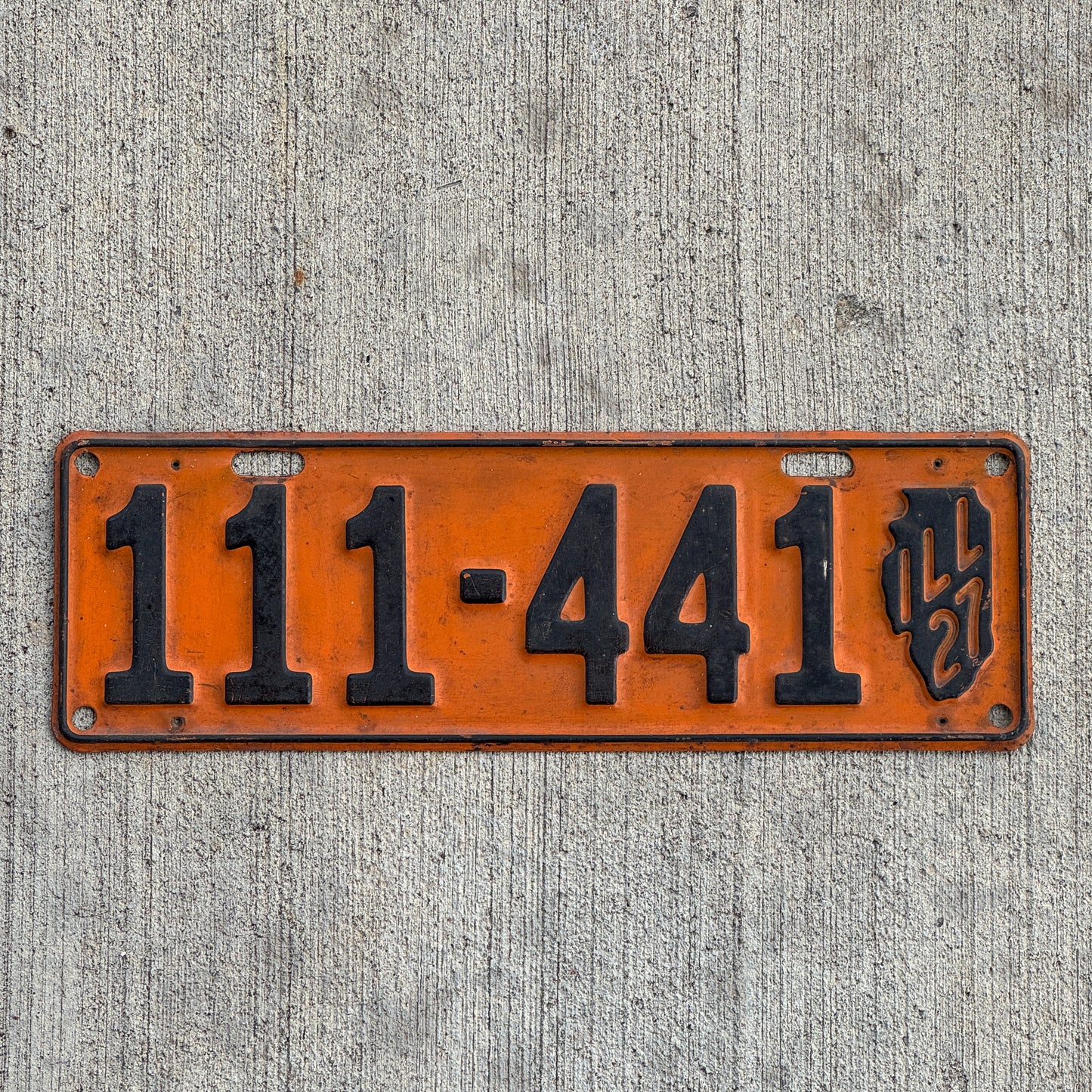 Photo of a 1927 Illinois License Plate Auto Tag Garage Decor Vintage Repeat Repeating 111 441 with original patina
