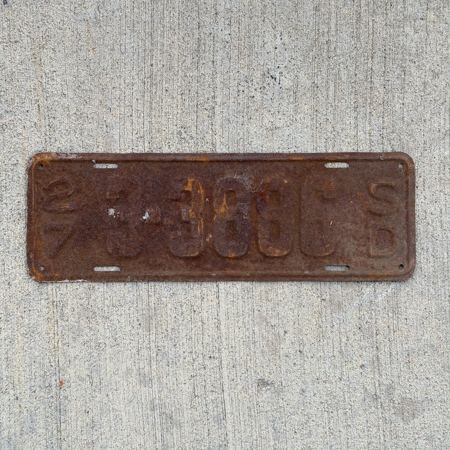 Photo of a 1927 South Dakota License Plate Auto Tag 2 Vintage Garage 3 3886 with original patina
